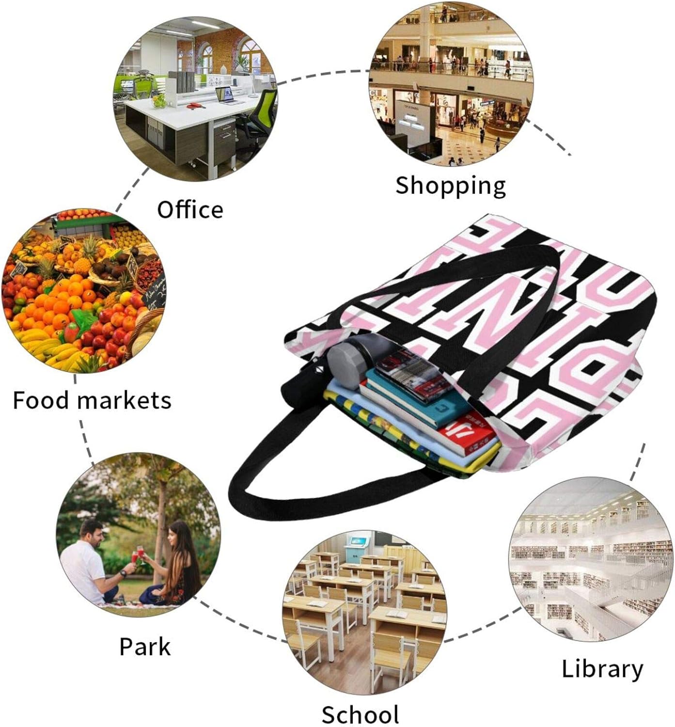 antcreptson Victoria Secret Love Pink Canvas Tote Bag Large Women Casual Shoulder Bag Handbag, Reusable Multipurpose Heavy Duty Shopping Grocery Cotton Bag for Outdoors. Photo