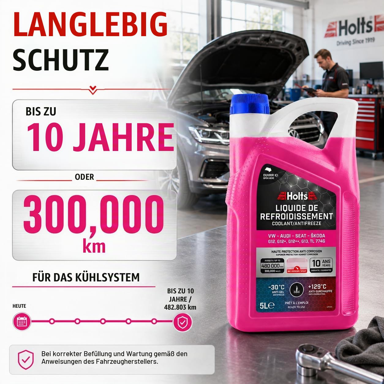 Holts HAFR0006B Kühlerfrostschutz Auto VW-Audi-Seat-Skoda G12, G12+, G12++, G13, G12 EVO 10-Jahre 480k km, Kühlmittel, kühlflüssigkeit Motor Auto -30°C, Rosa, 5 Liter