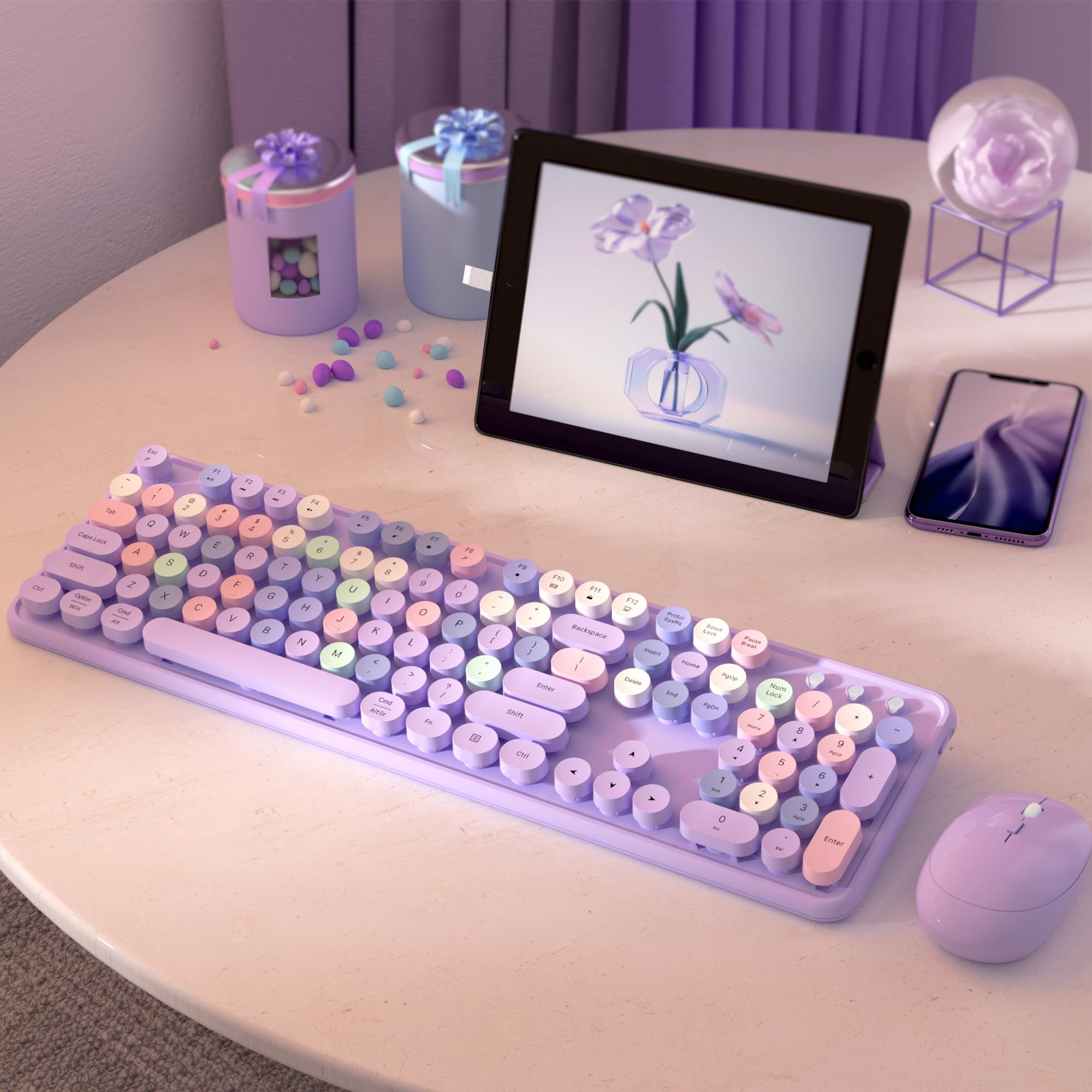 Wireless Computer Keyboard and Mouse Combo, NEOBELLA Purple Colorful Typewriter Floating Round Keycaps USB Receiver Keyboard and Mouse Set with Power Switch for PC Laptop Tablet(Purple-Colorful)