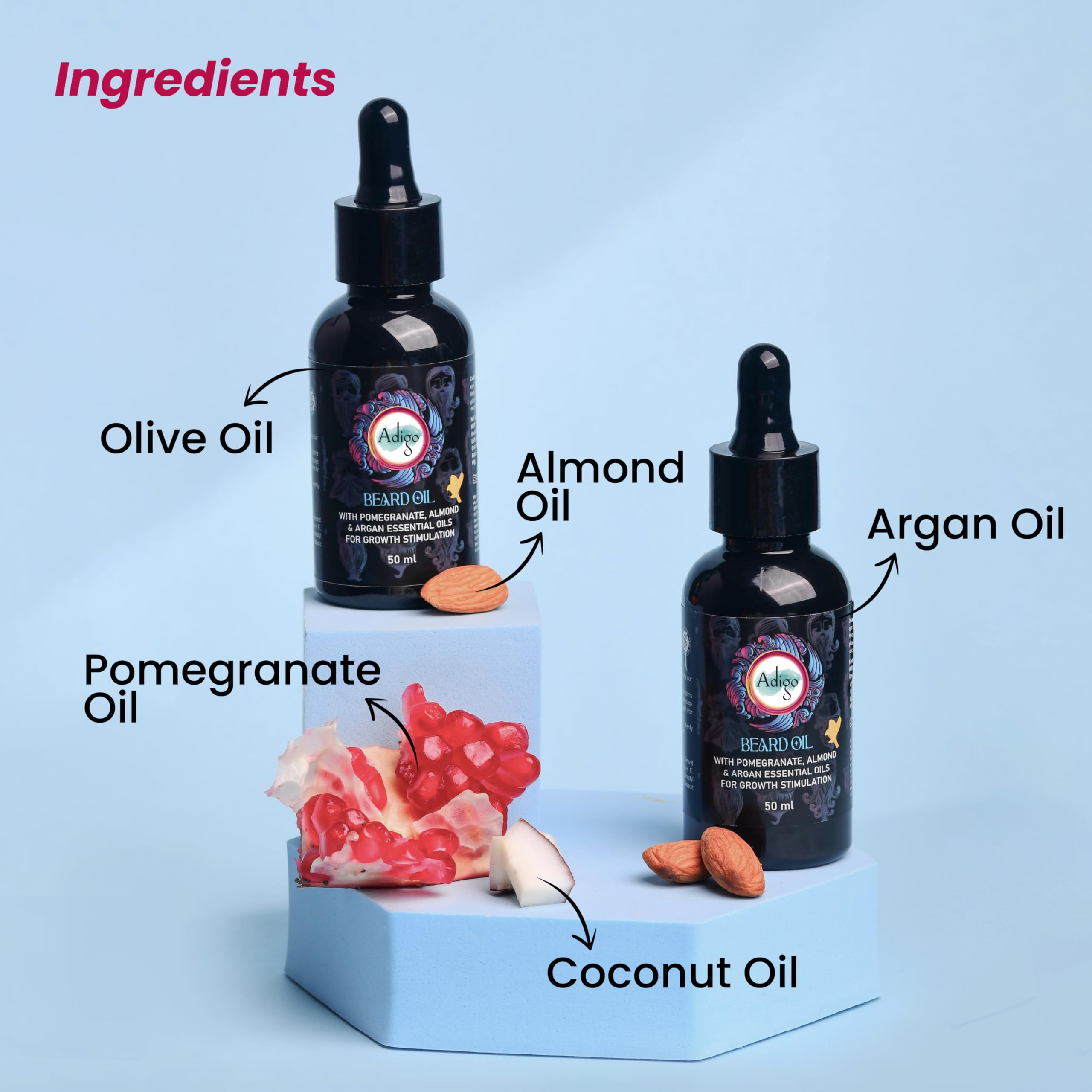 Adigo Beard Oil | With Pomegranate, Almond & Argan Essential Oils For Growth Stimulation | 50 ml 2