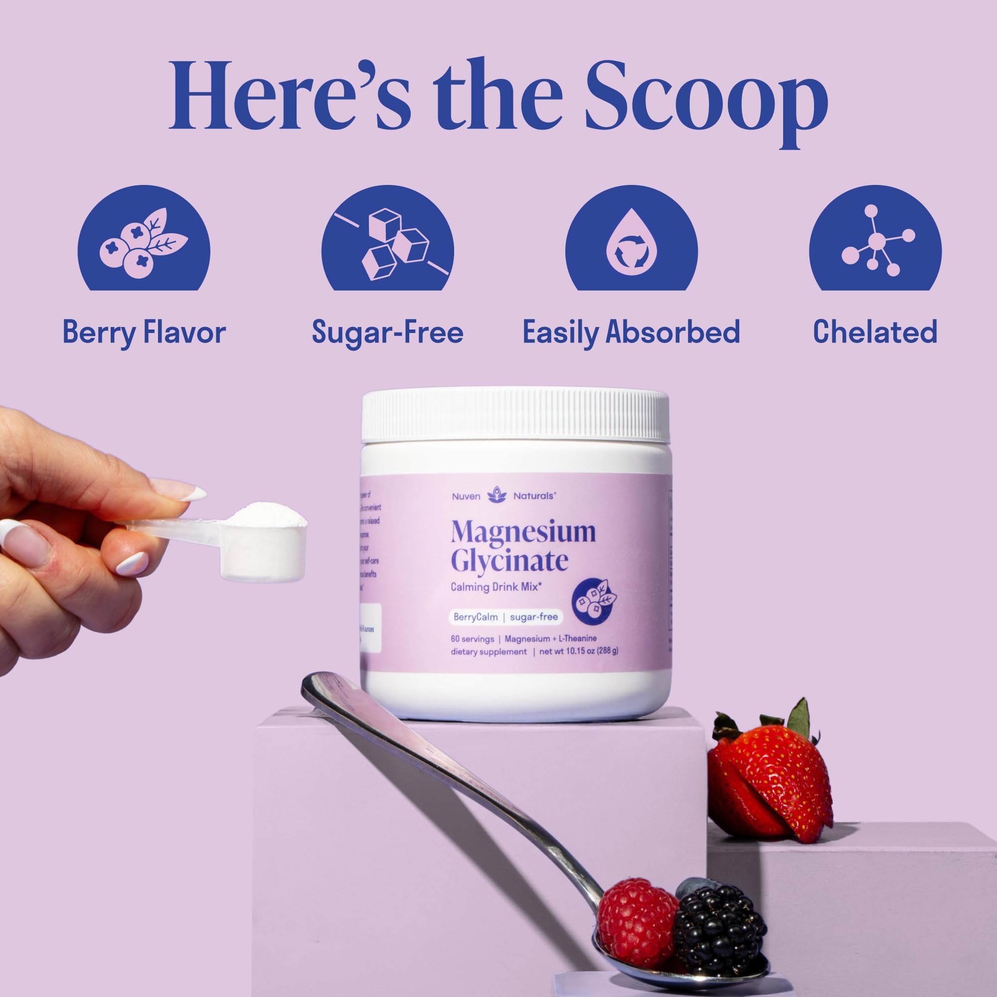 Magnesium Glycinate Powder + L-Theanine | 60 Servings | 300 mg per Scoop High Absorption Chelated Magnesium Powder for Sleep - Natural Mixed Berry Flavor, No Sugar, Support Restful Sleep & Relaxation