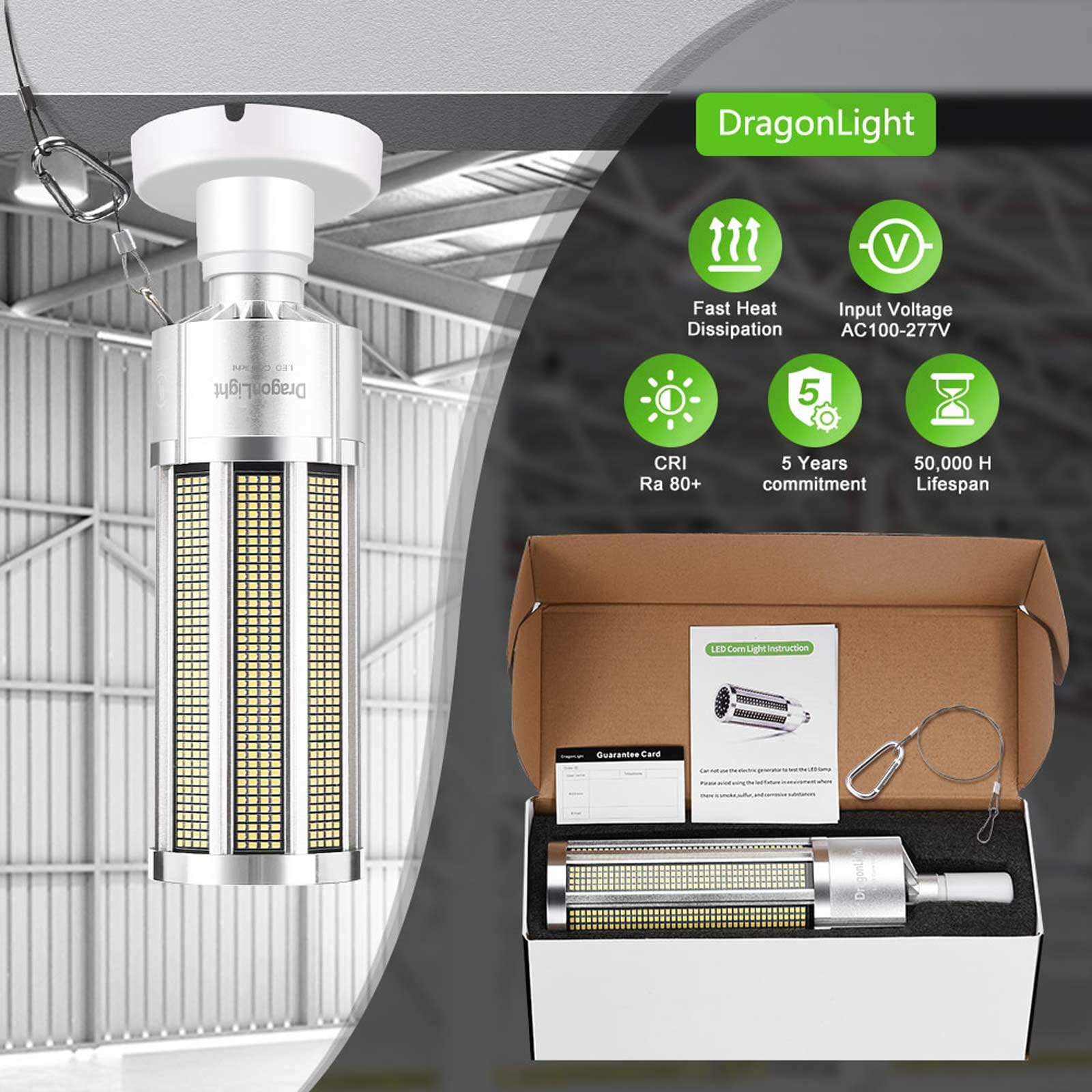 DragonLight 200W Superhell Mais Licht LED Glühbirne Lüfterlos(Ersetzt 1200Watt) - E40 Edison LED Lampe 5000K Kaltweiß 27,000 Lumens für Gebiet Beleuchtung - Garage Werkstatt Straßenleuchte
