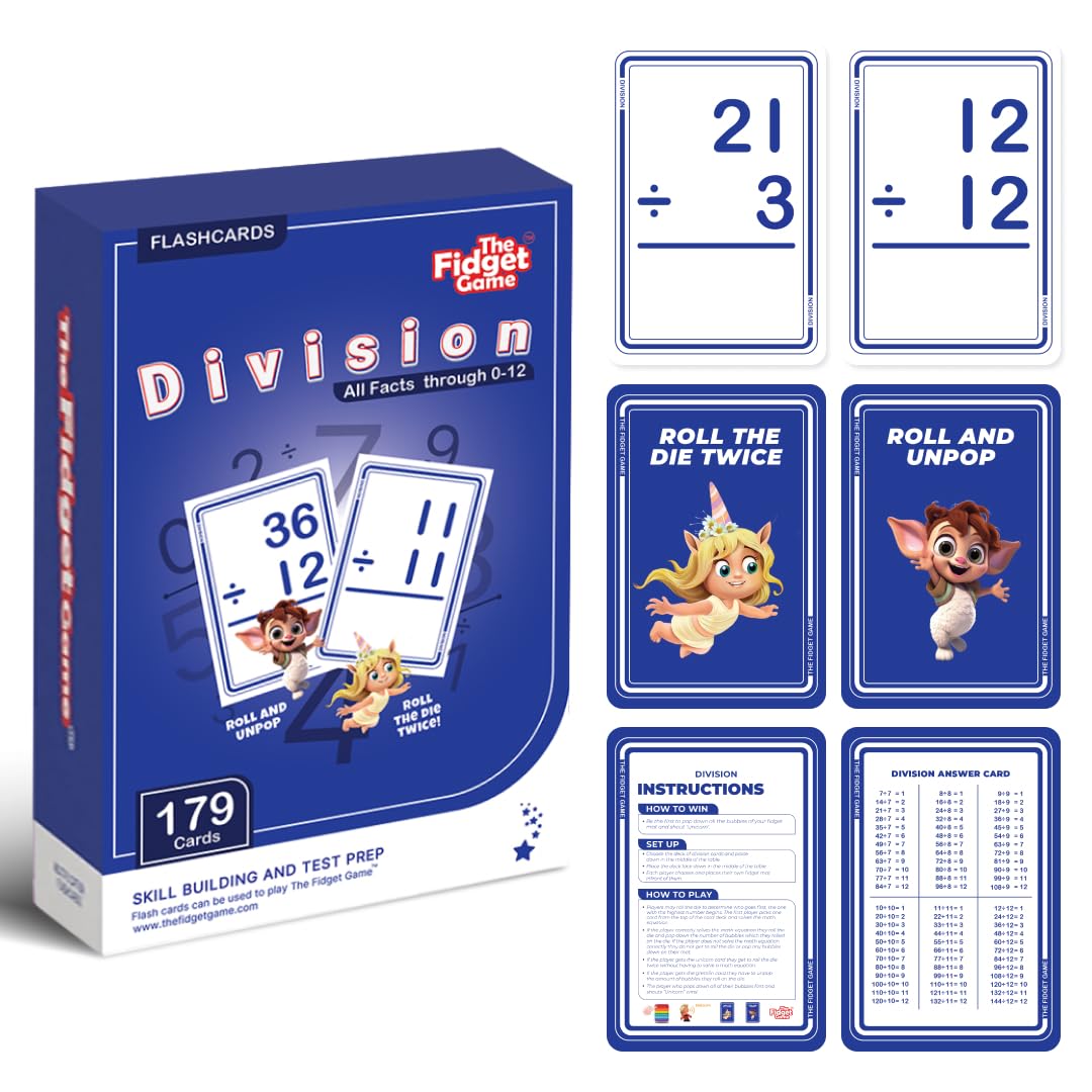 The Fidget Game 179 Division Flash Cards Game Set All Facts 0-12 for Kids in 3rd and 4th Grade Classroom or Homeschool - Division Practice, Dividends,