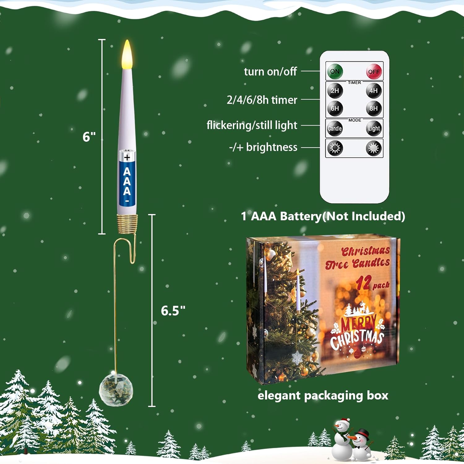 Set of 12 Flameless White Plastic 0.5" x6" Taper Candles for Tree with Remote and Timer, LED Flickering Battery Operated Warm Glow for Festival Decor with Clear Crystal Ball Hook