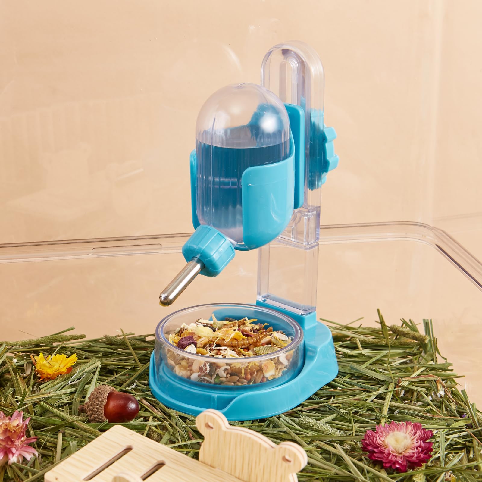 Bouteille d'eau pour Hamster avec Support, Distributeur d'eau de 100 ML avec Bol de Nourriture pour Hamsters Syriens, Hamsters Nains, Souris, Rats, Dégus (Bleu, P1692- Autoportant)