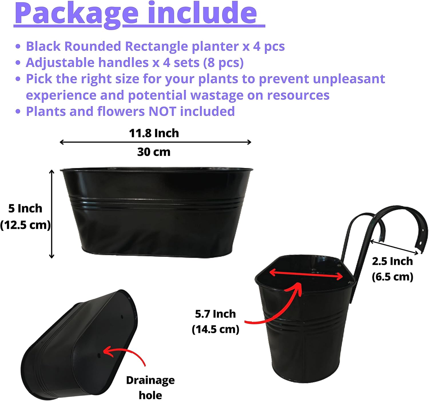 LaLaGreen Outdoor Rail Planter (11.8 Inch, 4 Pack) Black Metal Iron Hanging Flower Pots Deck Railings Fence Buckets Modern Countryside Boho Style Wall Mount Window Box Plant Holder Hooks Porch Decor