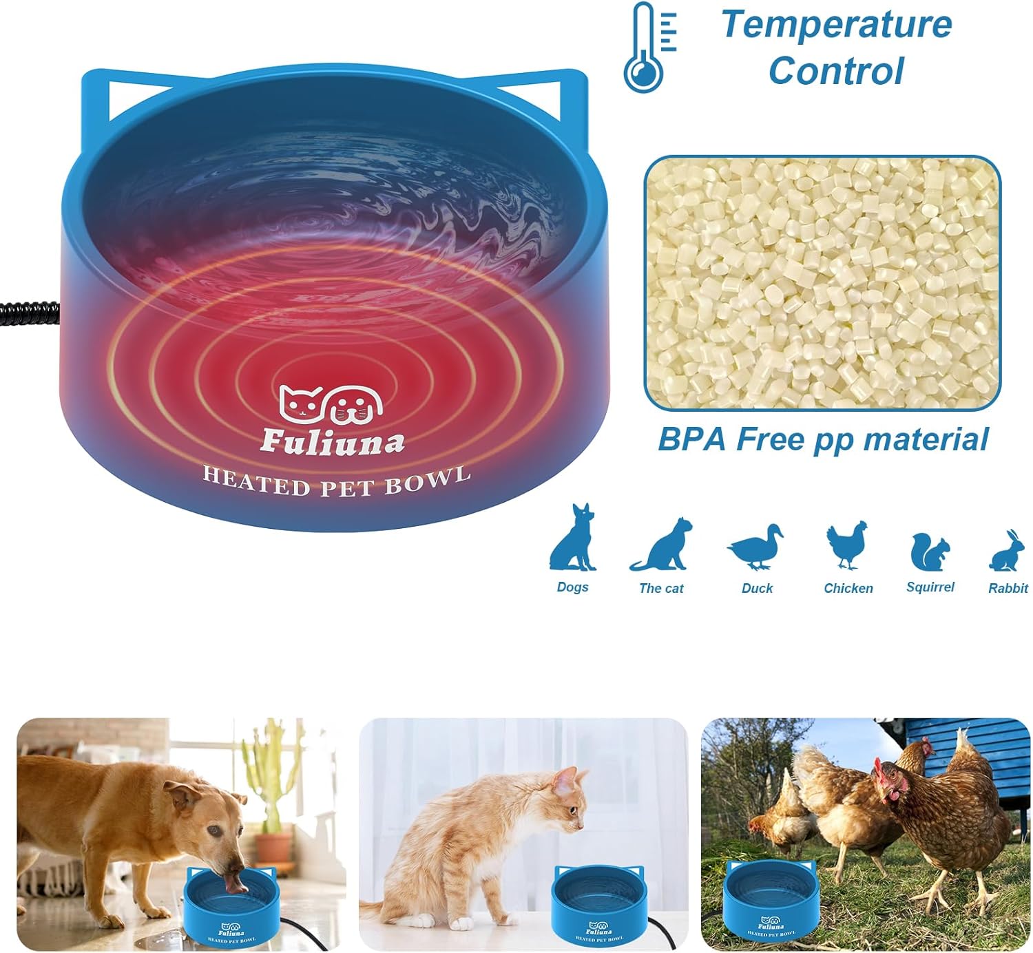 3.2L Large Heated Water Bowl, Outside Heated Dog Dish with Chew Resistant Power Cord, Thermal Bowls Provide Drinkable Water in Winter, Anti-Slip Pet Bowls for Dog Cat Rabbit Chicken Duck Blue