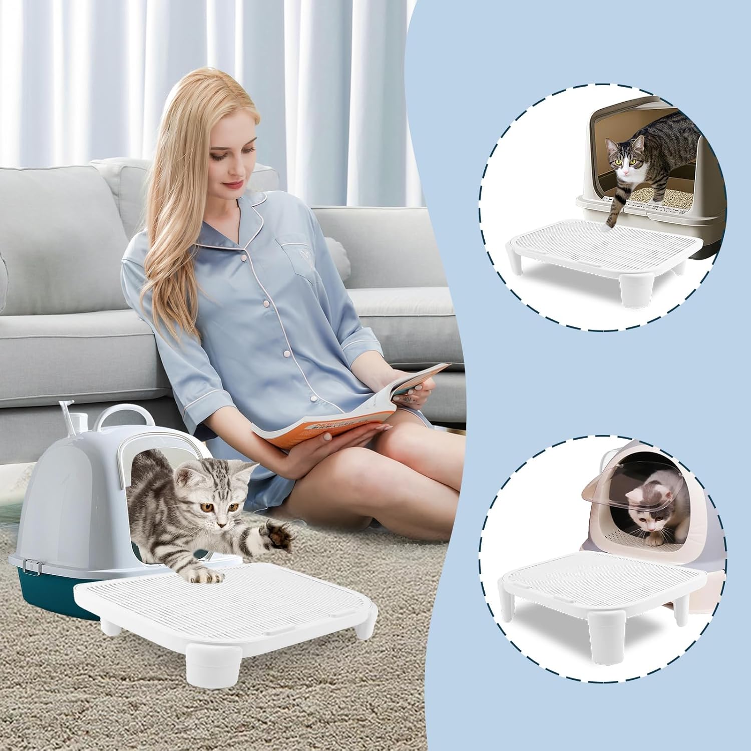 Adjustable Cat Litter Ramp for Elevated Cat Litter Box, Double Layered Litter Trapper with Filter Function, Easy Clean, Non-Slip -White