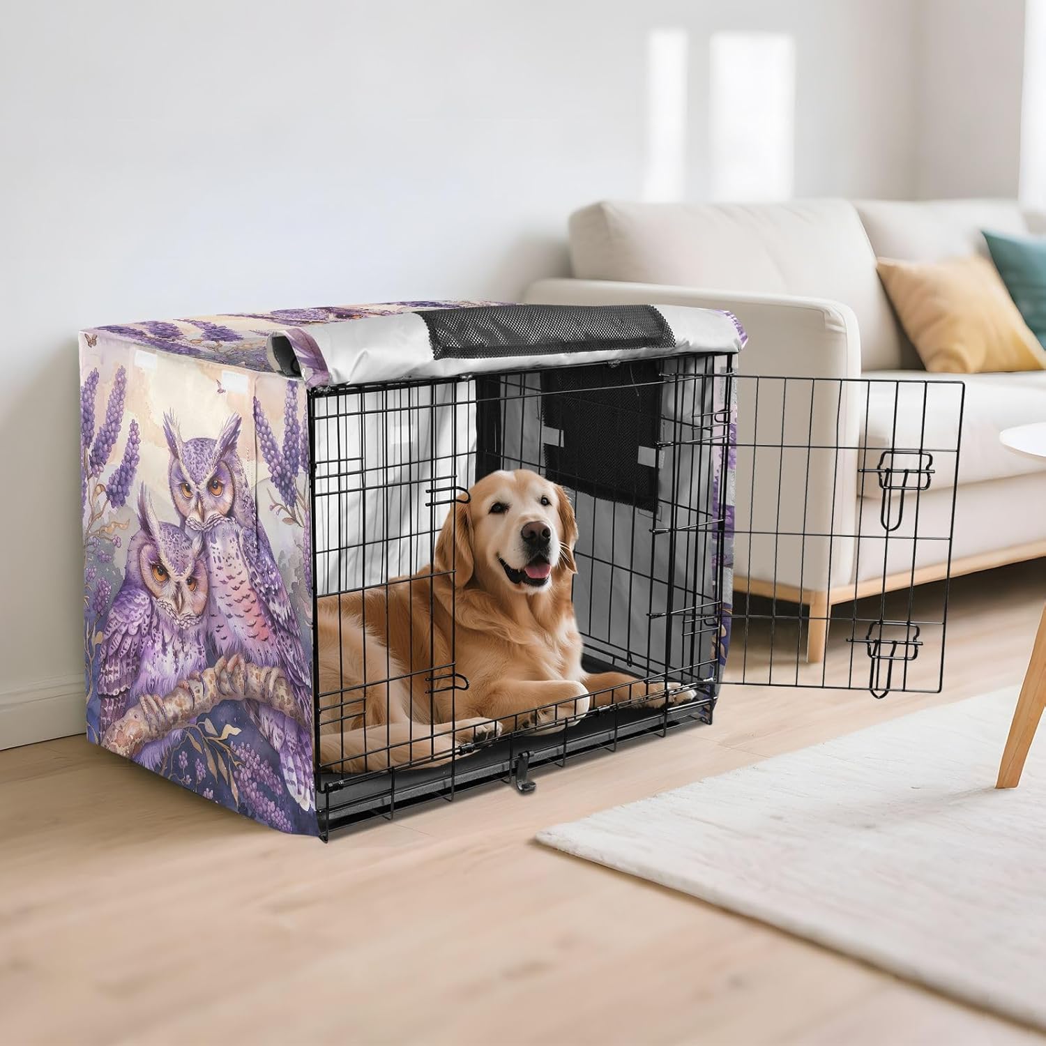 Lavender Owls Dog Crate Covers S-XL Windproof Pet Kennel Cover with Mesh Windows, Reduces Barking, X-Large