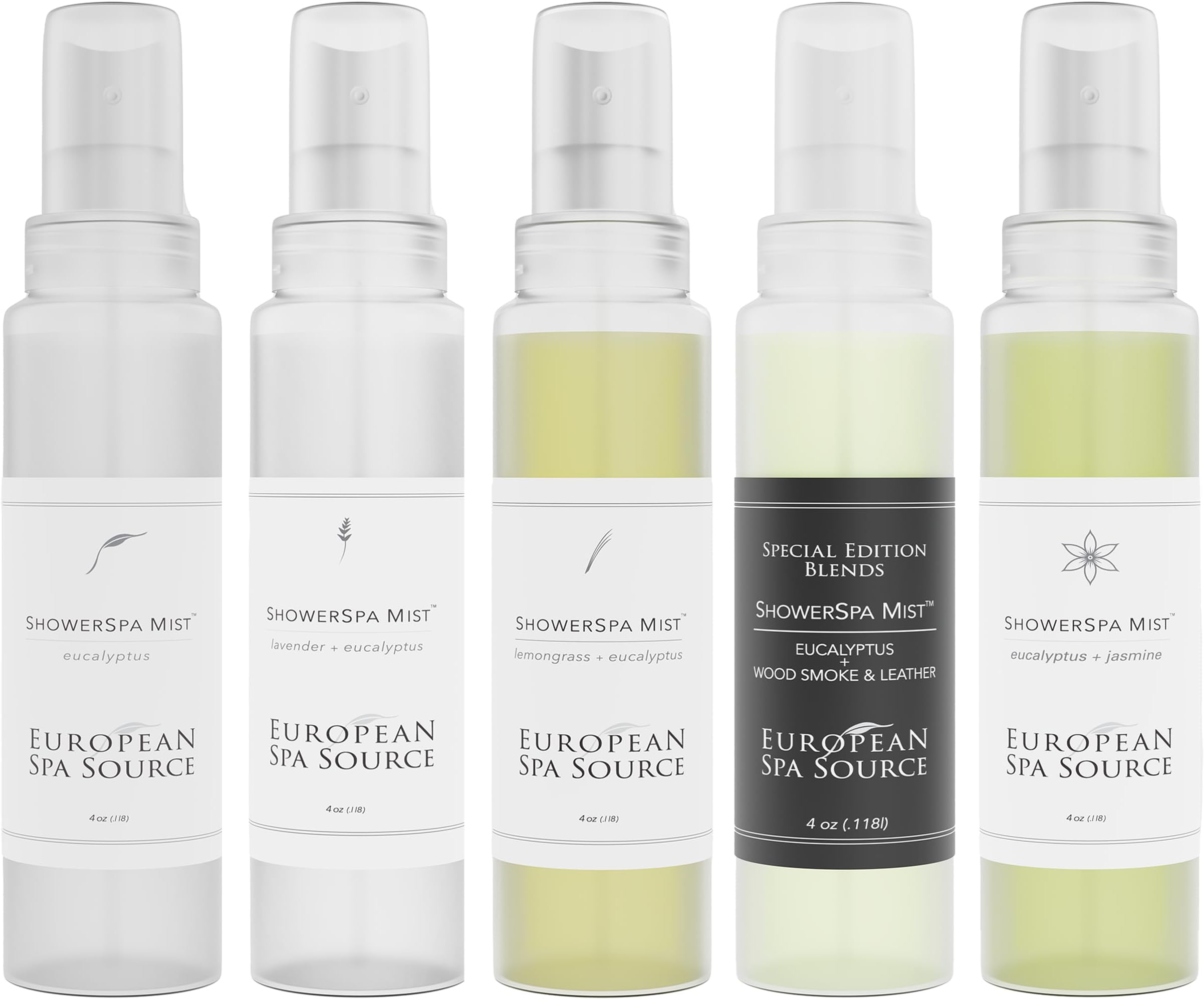 ShowerSpa Mist Sprays 5 Scent Bundle for Aromatherapy, At Home Spa Experience, Sinus Congestion Relief, and Tension Relief, 4 fl oz (each)