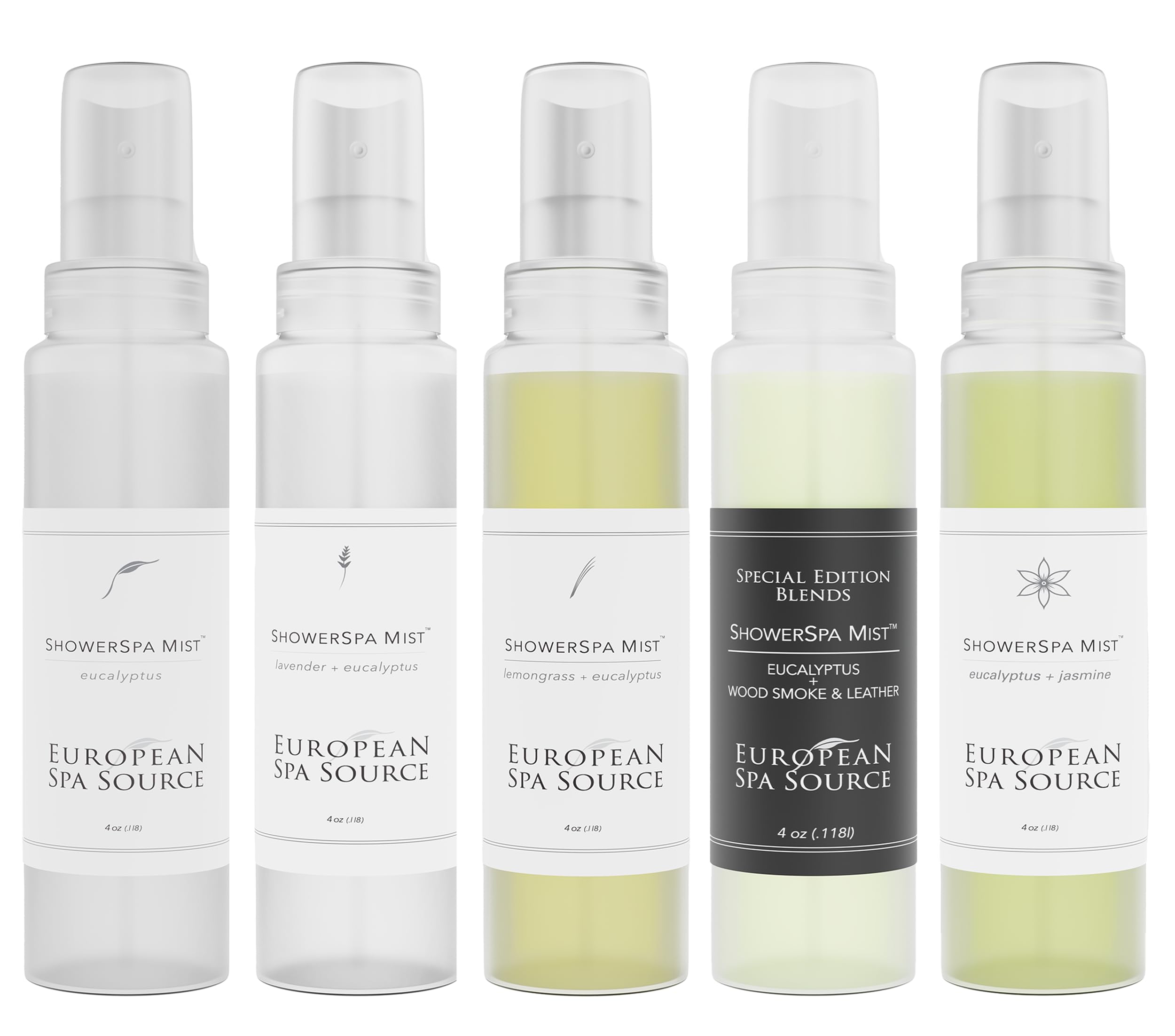 ShowerSpa Mist Sprays 5 Scent Bundle for Aromatherapy, At Home Spa Experience, Sinus Congestion Relief, and Tension Relief, 4 fl oz (each)