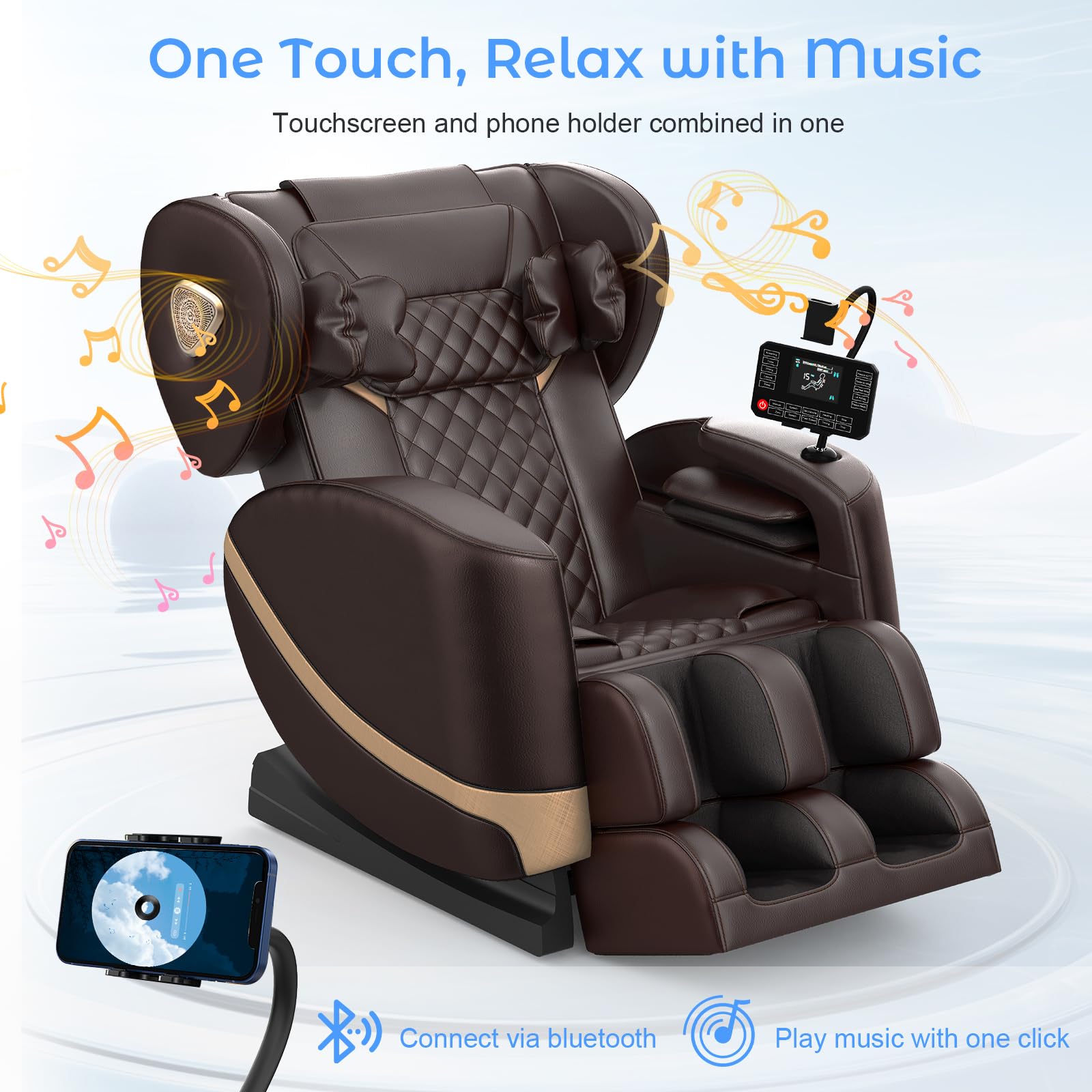 Poltrona Massaggiante per Tutto il Corpo con Rulli e Airbag, Funzione Zero Gravity, Altoparlanti Bluetooth e Touchscreen, Funzione Riscaldante per Vita e Gambe, con Massaggio Plantare (Marrone)