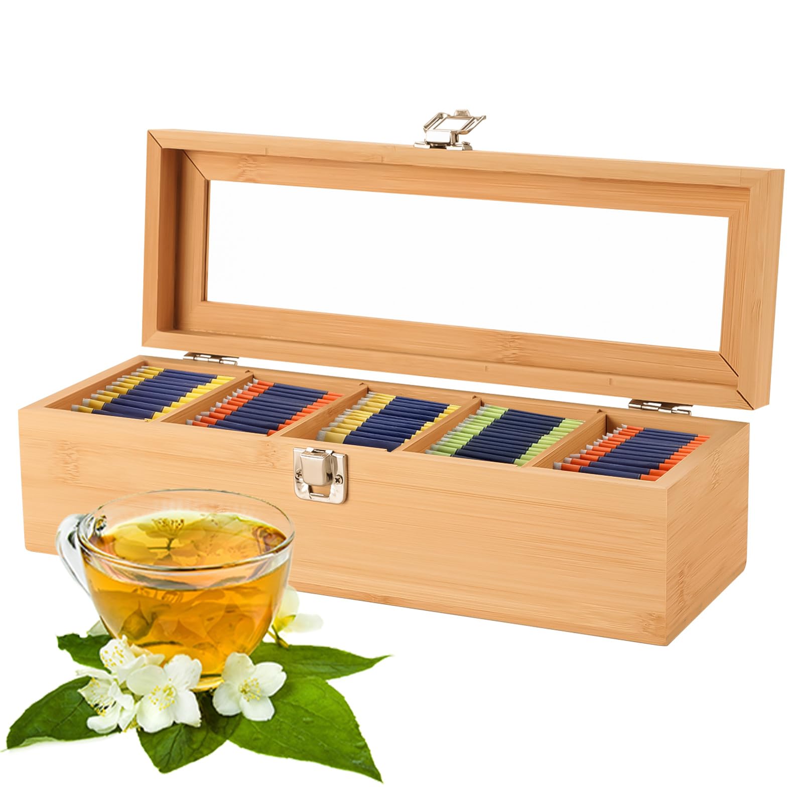 Boîte à thé en bois 5 cases pour trier vos sachets et vider vos placards