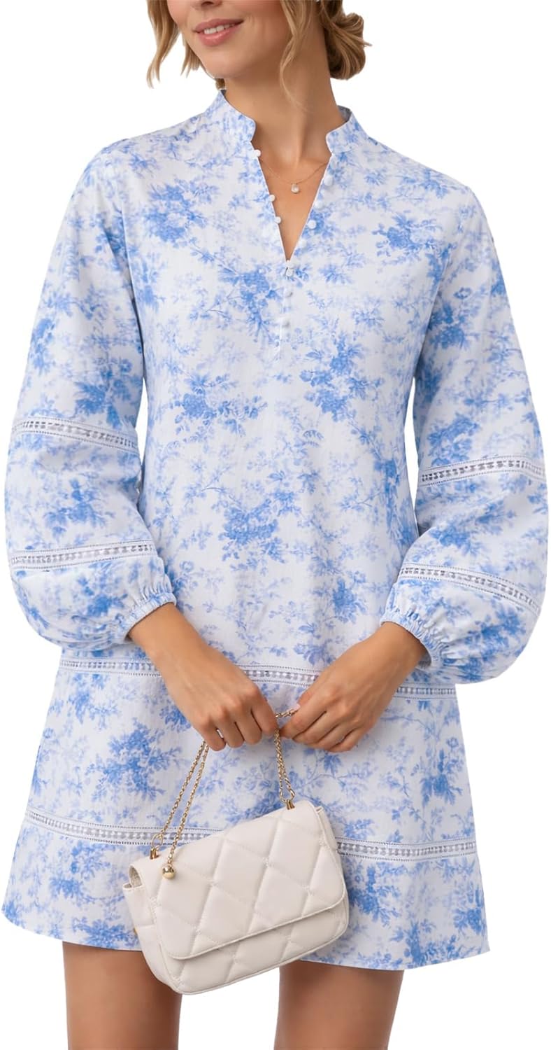 Women Floral Mini Dress Puff Long Sleeve Stand Collar Casual A Line Shift Short Dress