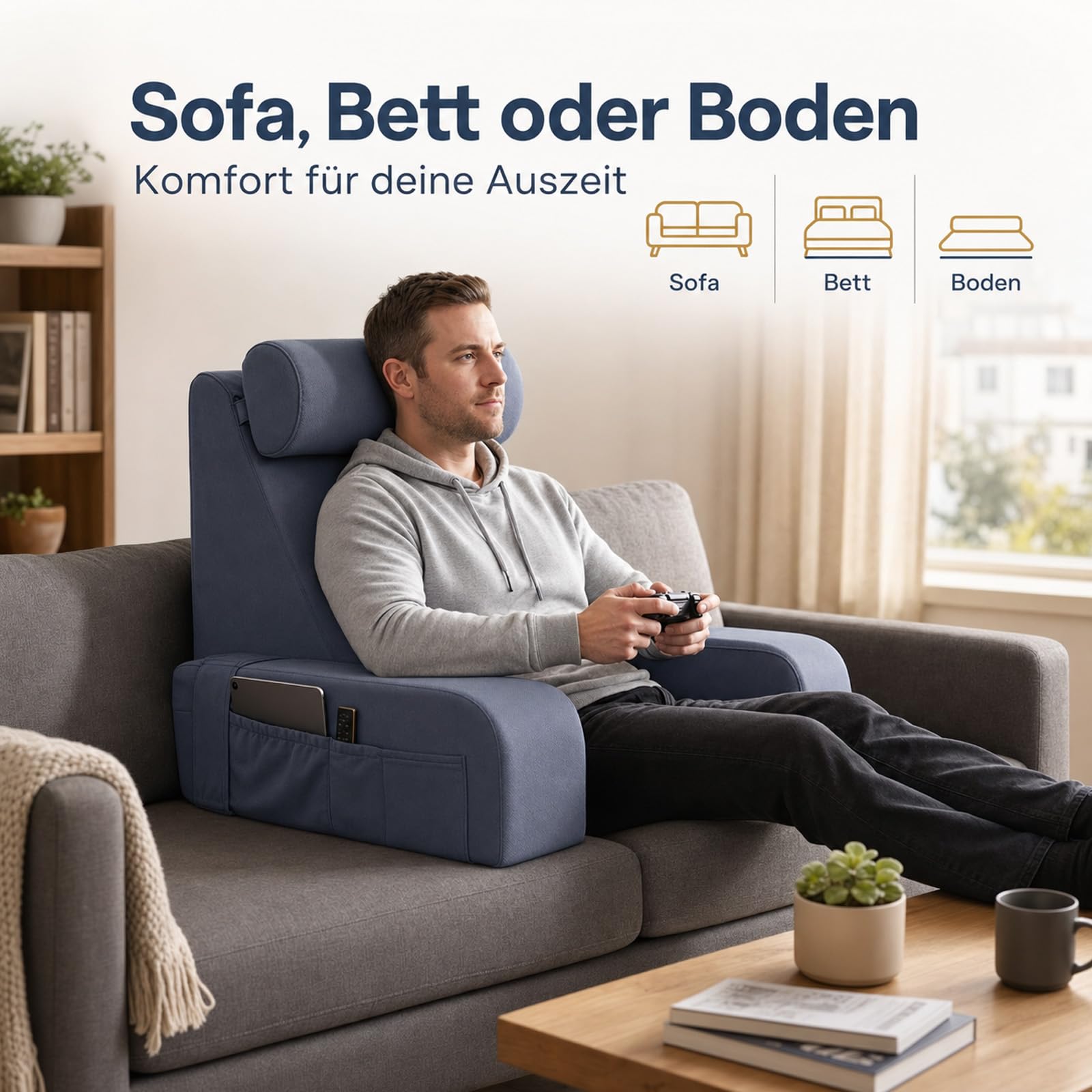 Lesekissen für Bett und Sofa, Ergonomisches Rückenkissen mit kühlendem Eisseide-Bezug, Memoryschaum, Verstellbarer Rückenstütze und abnehmbaren Armlehnen, großes Keilkissen zum Lesen 50cm