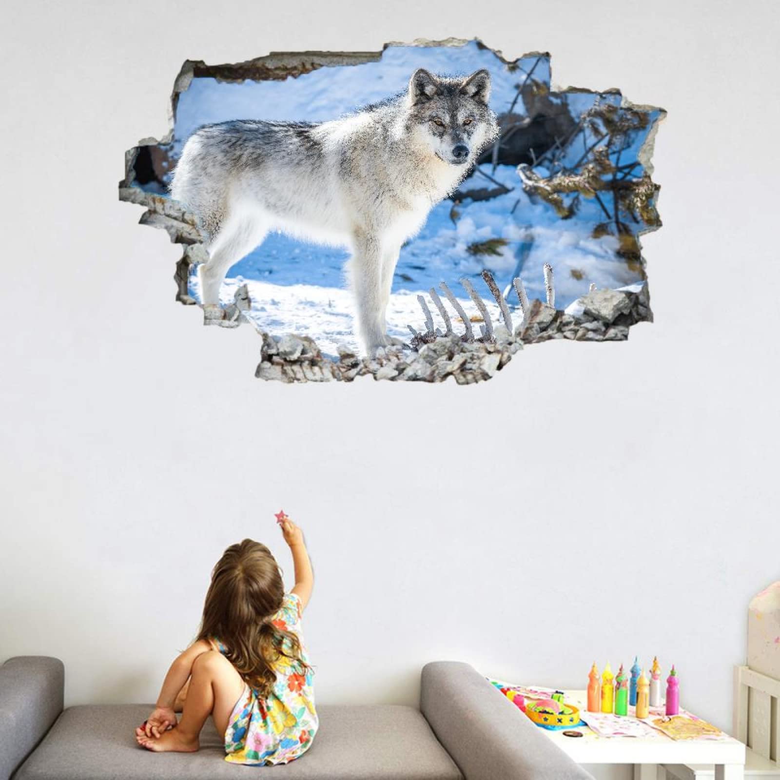Decorazione Da Parete 3D, Lupo Stanza Delle Autoadesivo Della Parete Smontabile Neve Decalcomanie Per Camera Da Letto Per Bambini Nursery Decorazioni Per Matrimoni Regalo 80x120cm