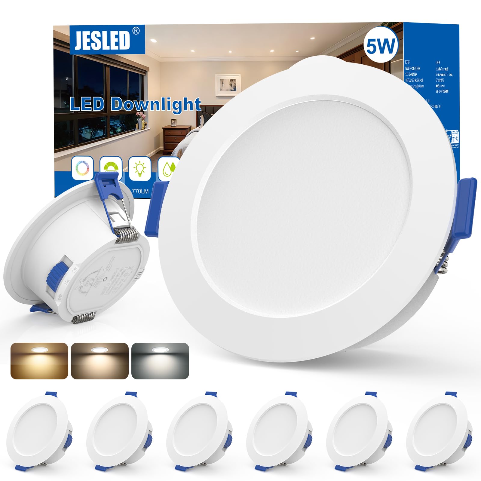 JESLED LED Einbaustrahler 230V, 5W 400LM LED Spot 68mm - 78mm Lochmaß, IP54 Einbauleuchten Für Badezimmer Küche Wohnzimmer, 3000K/4000K/6500K Einbauspots, Rund Weiss 6er Set