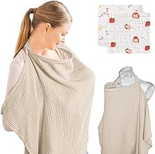 KASURE Breastfeeding Scarf, Nursing Apron, 71 x 95 cm Breastfeeding Cape with Adjustable Straps, Full Coverage Privacy Care, with 2 Pieces Drool Towel (Khaki)