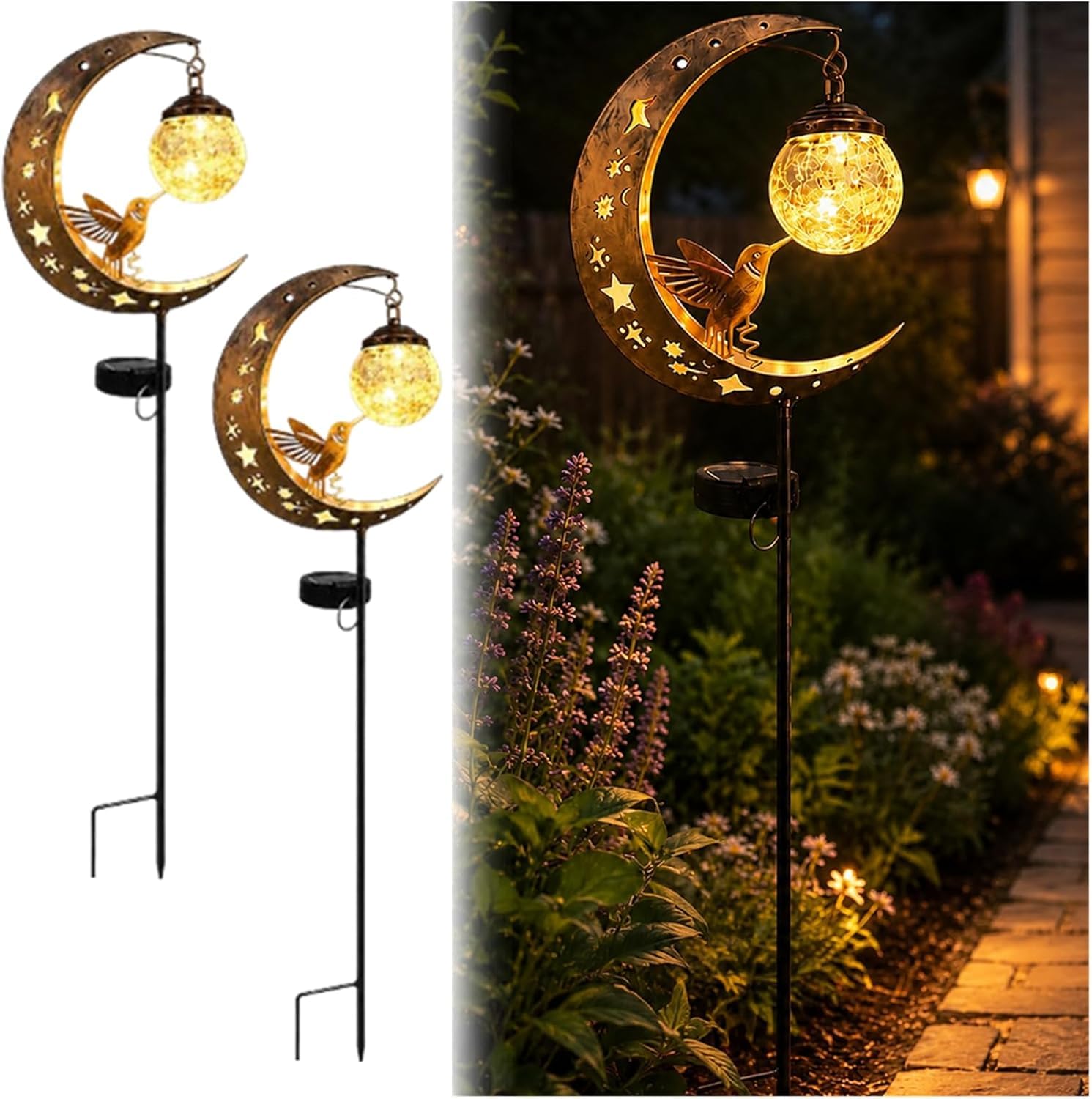 Hummingbird Moon Solar Garden Stake Light, Waterproof Metal Crescent Moon Garden Stake with Crackle Glass Globe, Solar Powered Warm White LED Pathway Lamp for Yard Lawn Patio Walkway (1, 2pcs)