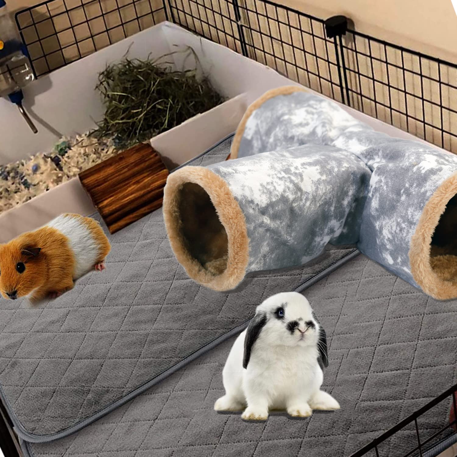 LeerKing 3 Vie Tunnel per Criceti Gioco Piccoli Animali Nascondiglio Pieghevole Caverne Gabbie Accessori Tela Lavabile Coniglio Cavia Furetti Ratti Cincillà Grigio L
