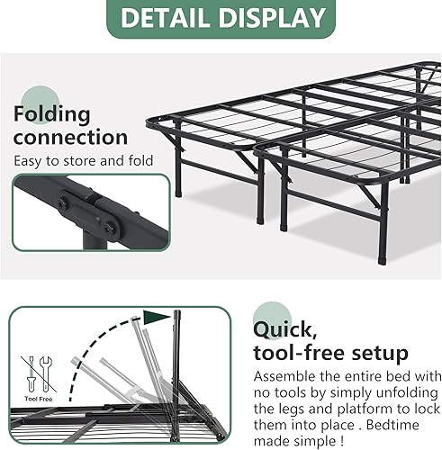 Miniatura 6 de PayLessHere Marco de cama plegable de metal de 14 pulgadas, plataforma de listones de acero resistente, base de cama, base de colchón, repuesto de