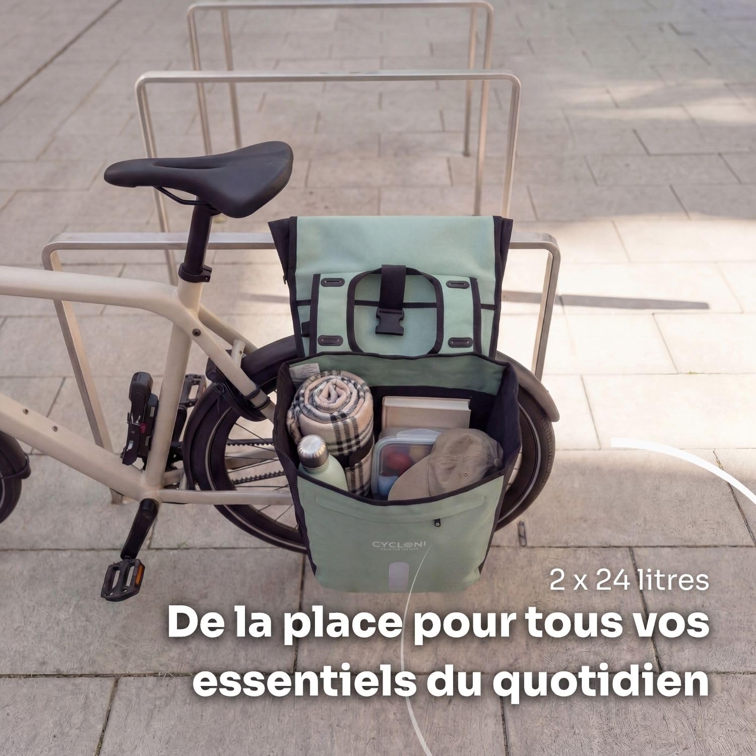 Flow Double Sacoche Vélo 48L - Noir | Porte-bagage arrière étanche | 2x24L imperméable rolltop pour vélo électrique