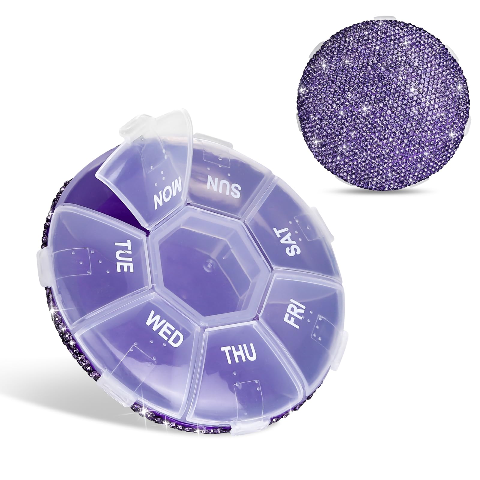 Soleebee Portable Weekly 7 Day Pill Organizer, Bling Crystal Pill Box Case, Small Travel Pill Planner for Purse or Pocket, Pill Dispenser, Medicine
