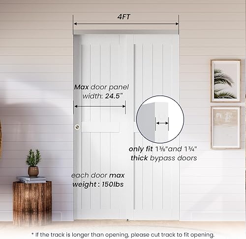 Miniatura 2 de SMARTSTANDARD Kit de herrajes para puertas correderas de 48 pulgadas4 pies de bypass para armario de gabinete, herrajes para puerta de bolsillo