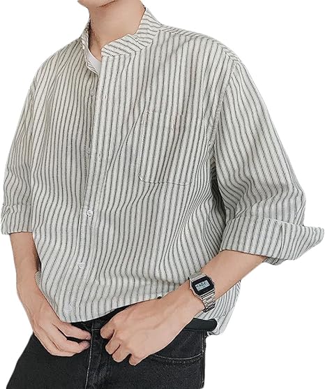 Amazon Co Jp Bscoolメンズ シャツ 7分袖 ゆったり ストライプ ファッション メンズ 夏服 ストリート 韓国ファッションシャツ Tシャツ おしゃれ E白 服 ファッション小物