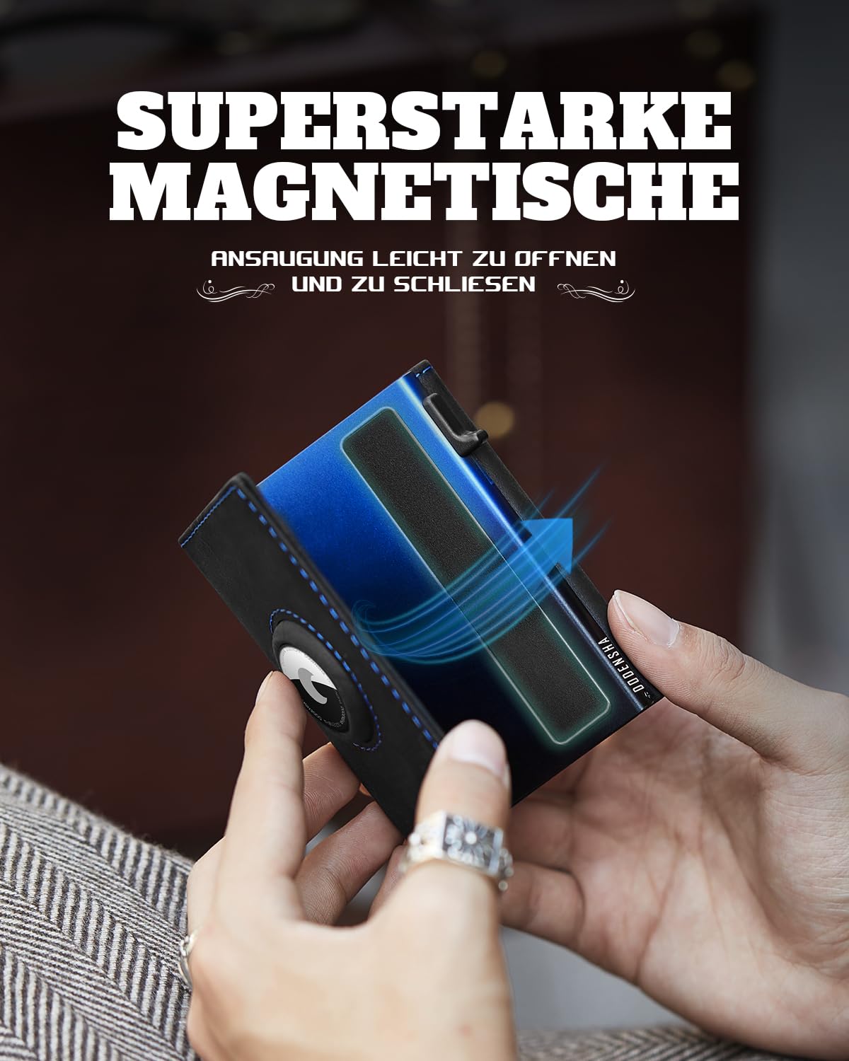 DODENSHA® MagSnap Airtag Wallet Herren: Smart Wallet für 10+ Karten, Wallet mit Münzfach, Geldbeutel mit AirTag* Fach, Geldbörse Herren mit RFID Schutz, Schwarz Blau