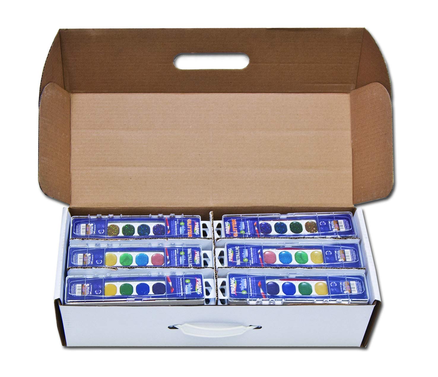 Prang Classroom Master Pack- Watercolor Paint Sets, 12 Each: 8-Color Basic Sets, 8-Color Glitter Sets, 8-Color Metallic Sets, 36 Sets Total (80519), Black,Blue,Dark Blue,Green,Orange,Silver,Turquoise, 36 Piece Set
