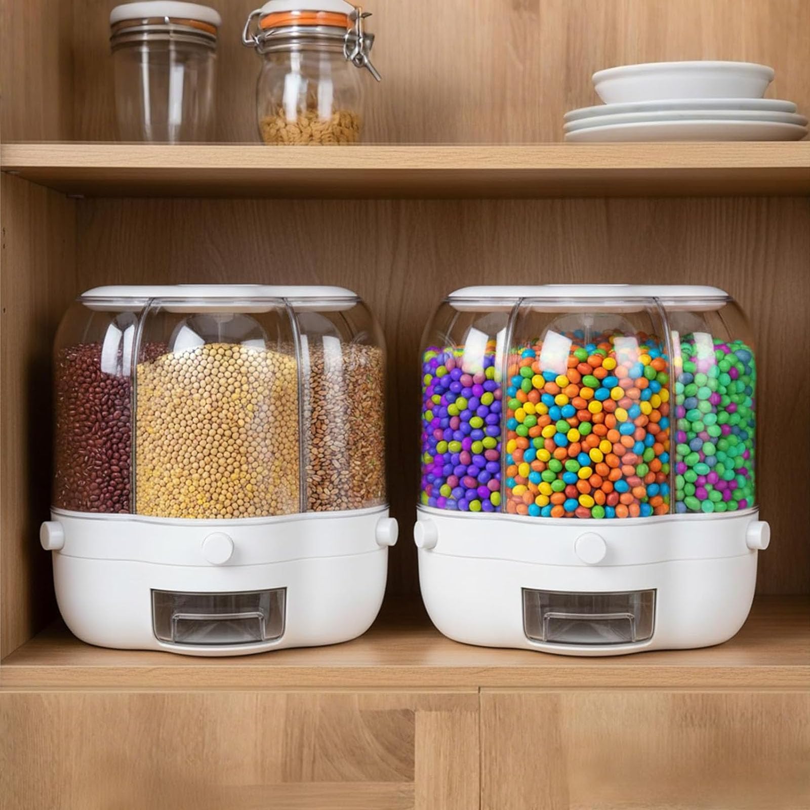 Dispensador de caramelos giratorio 360°, 6 compartimentos para aperitivos y granos, tipo prensa divertida con cajón transparente, almacenamiento de encimera para dulces y arroz