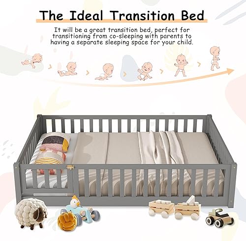 Miniatura 6 de Olela Marco de cama de suelo tamaño Queen, cama Montessori de madera con rieles para valla y listones de soporte, cama de piso para niños y niñas