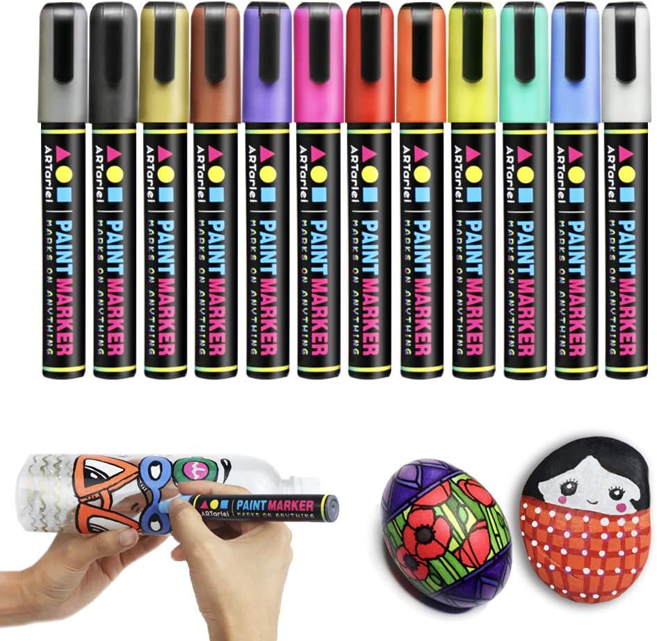 ARTarlei Permanent Paint Markers | Medium Point,Safe To Kids, 12 Vibrant Colors Oil-Based Paint Pens for Any Surface - Canvas, Glass, Stone,Ceramic,Metal, Wood, Rubber,Plastic, Paper, Leather, Clay