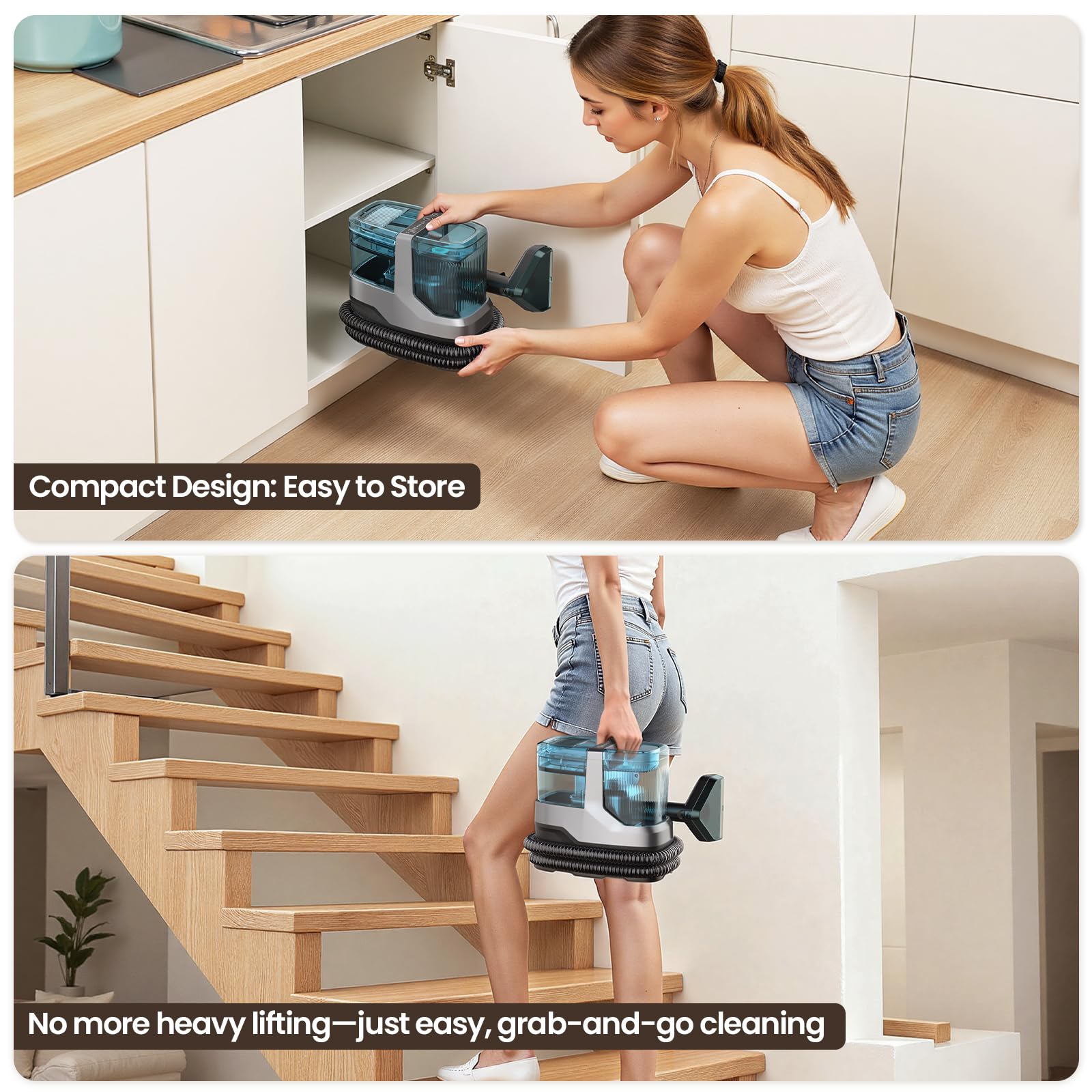 Nettoyeur de tapis à vapeur portable, vapeur à 95 °C et puissance d'aspiration de 18 kPa, nettoyeur de taches pour animaux de compagnie, enfants, tissus d'ameublement, canapés et entretien automobile