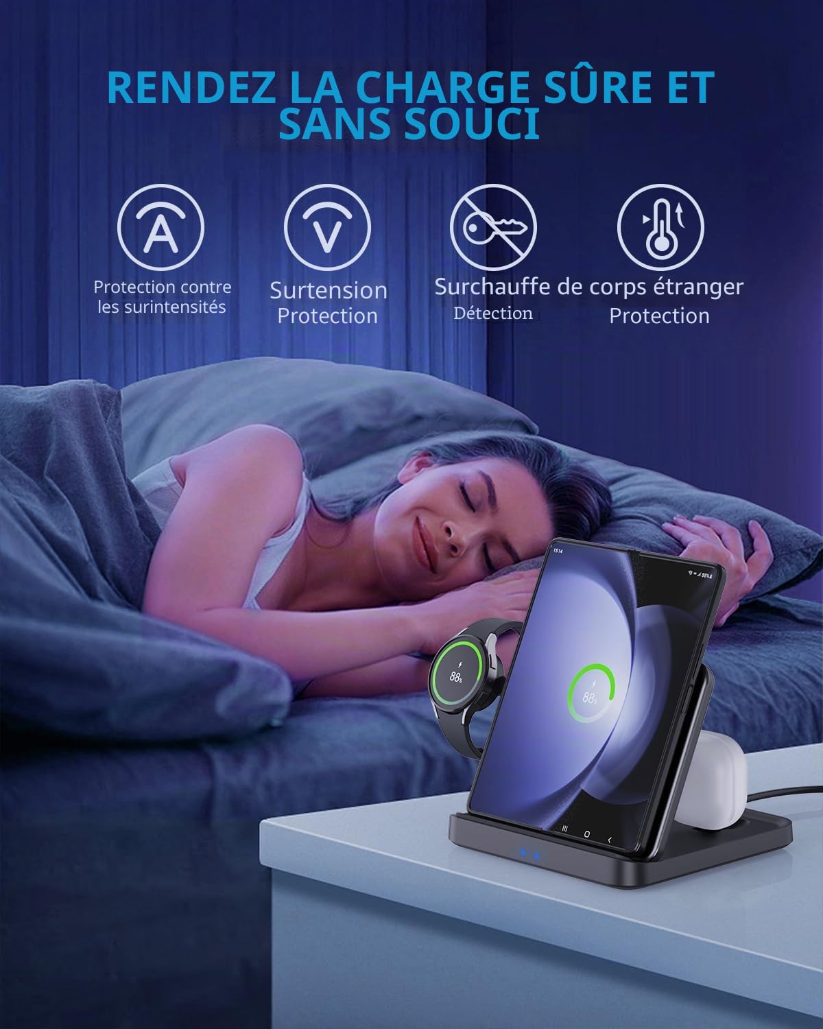 pour Samsung Z Fold 5 Wireless Charger Station, 3 en 1 Station d'accueil Pliable à Chargement Rapide pour Galaxy Z Fold 4/3, Z Flip 5/4/3, S23, Note20/10 Ultra, Watch 6/5//4/3, Earbuds 2 Pro