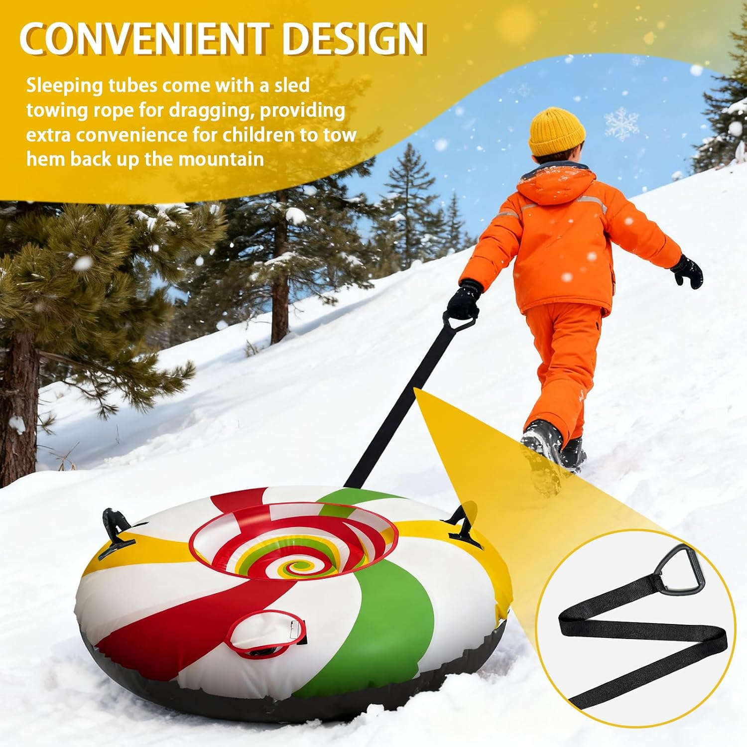 Heavy Duty Snow Tube with Premium Canvas Cover for Kids and Adults 44’’ Snow Tubes with Tow Rope & Handles for Sledding, Thickened Anti Damage Bottom Cold-Resistant Winter Outdoor Toy