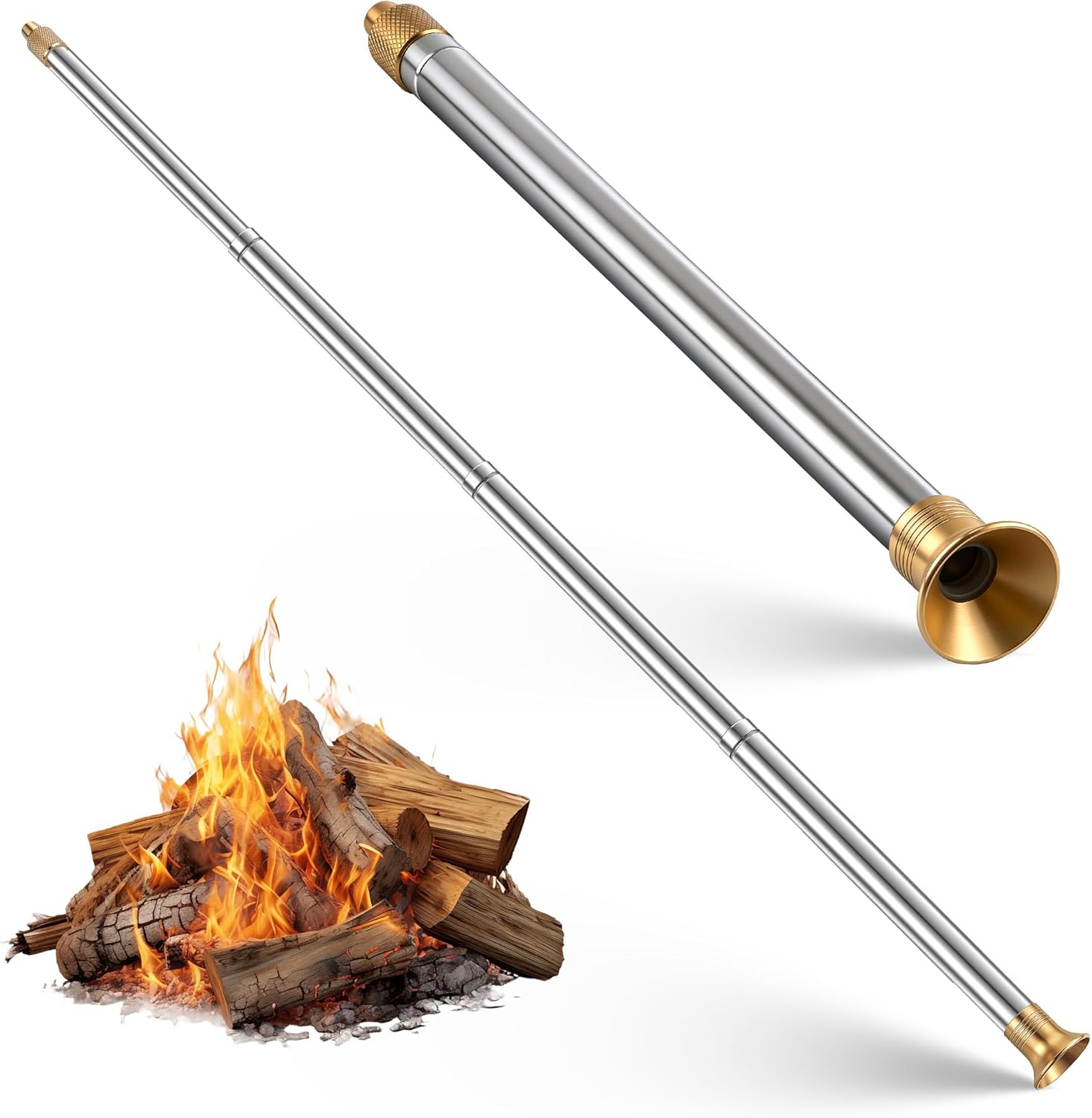 Telescoping Fire Blower Stick, Brass and Steel Material, One Way Valve Prevent Smoke Inhalation, Safe Fireplace Bellows for Fire Pits, Camping, Fireplaces, Campfire(2 Pack)