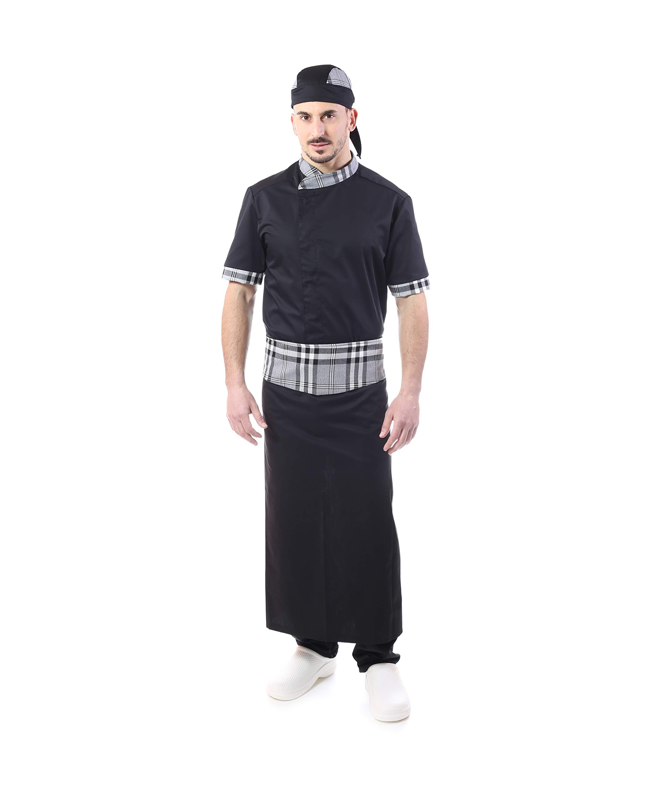 RICAMO GRATUITO - Completo Cuoco e Chef Nero - Scozzese - Uomo - Doppio Collo - 4 PZ - Giacca Manica Corta, Pantalone, Davantino, e Bandana - Divisa per Cucina e Ristorante - Made in Italy