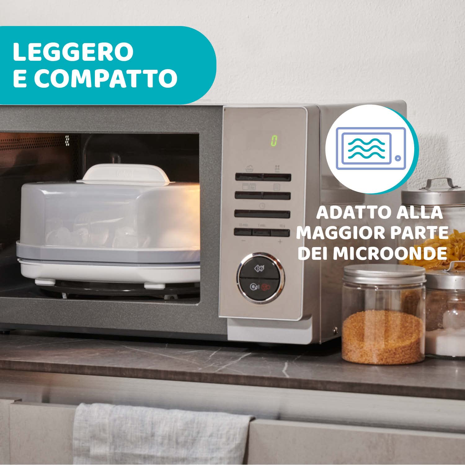 Chicco Sterilizzatore Biberon Microonde, Sterilizza in Modo Semplice e Veloce, Contiene fino a 5 Biberon, Adatto anche per Ciucci, Leggero e Compatto, Ideale da portare in Viaggio, Facile da Pulire