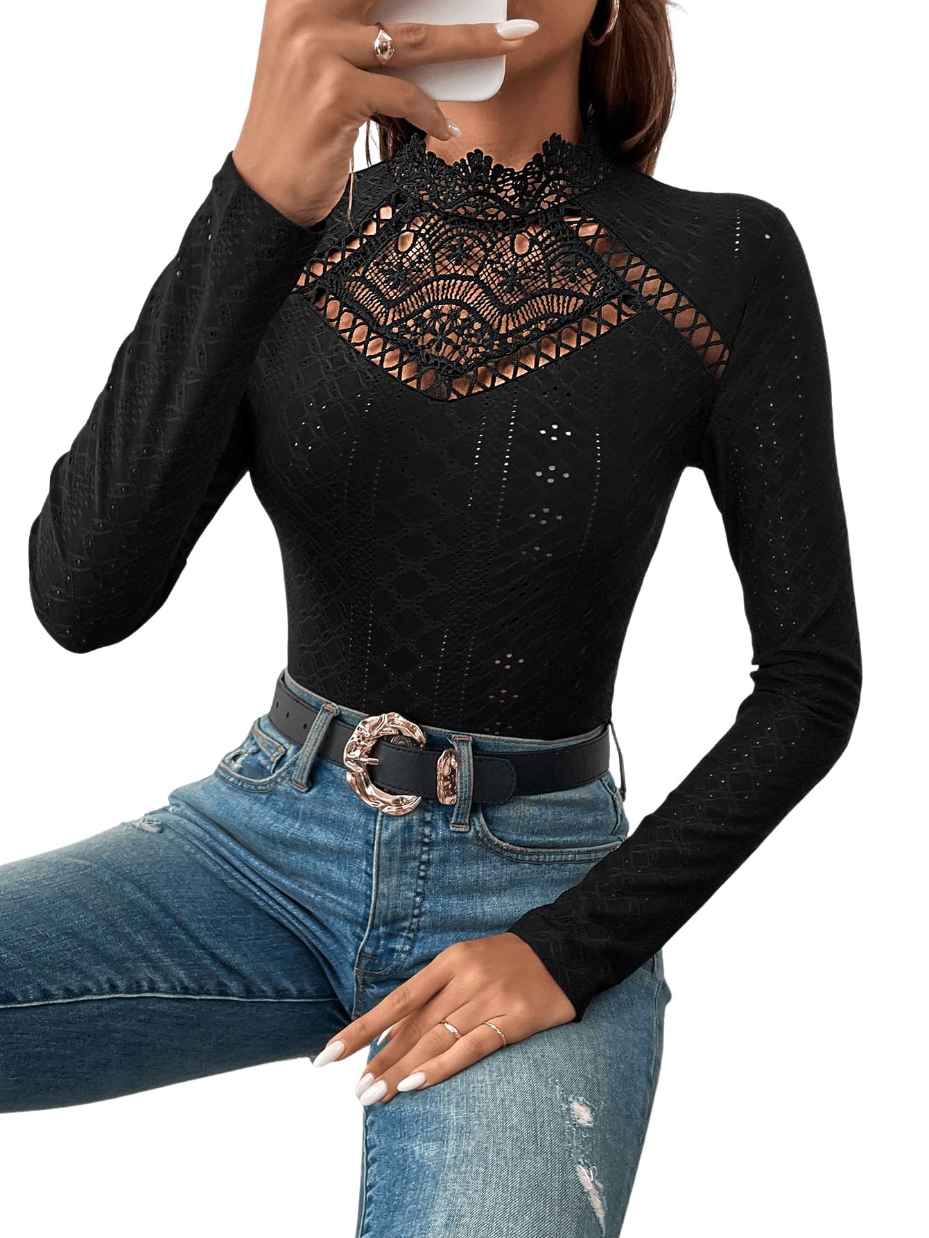 GORGLITTER Damen Bodysuit Elegant Stehkragen Öse Stickerei Langarm Body mit Spitzeneinsatz