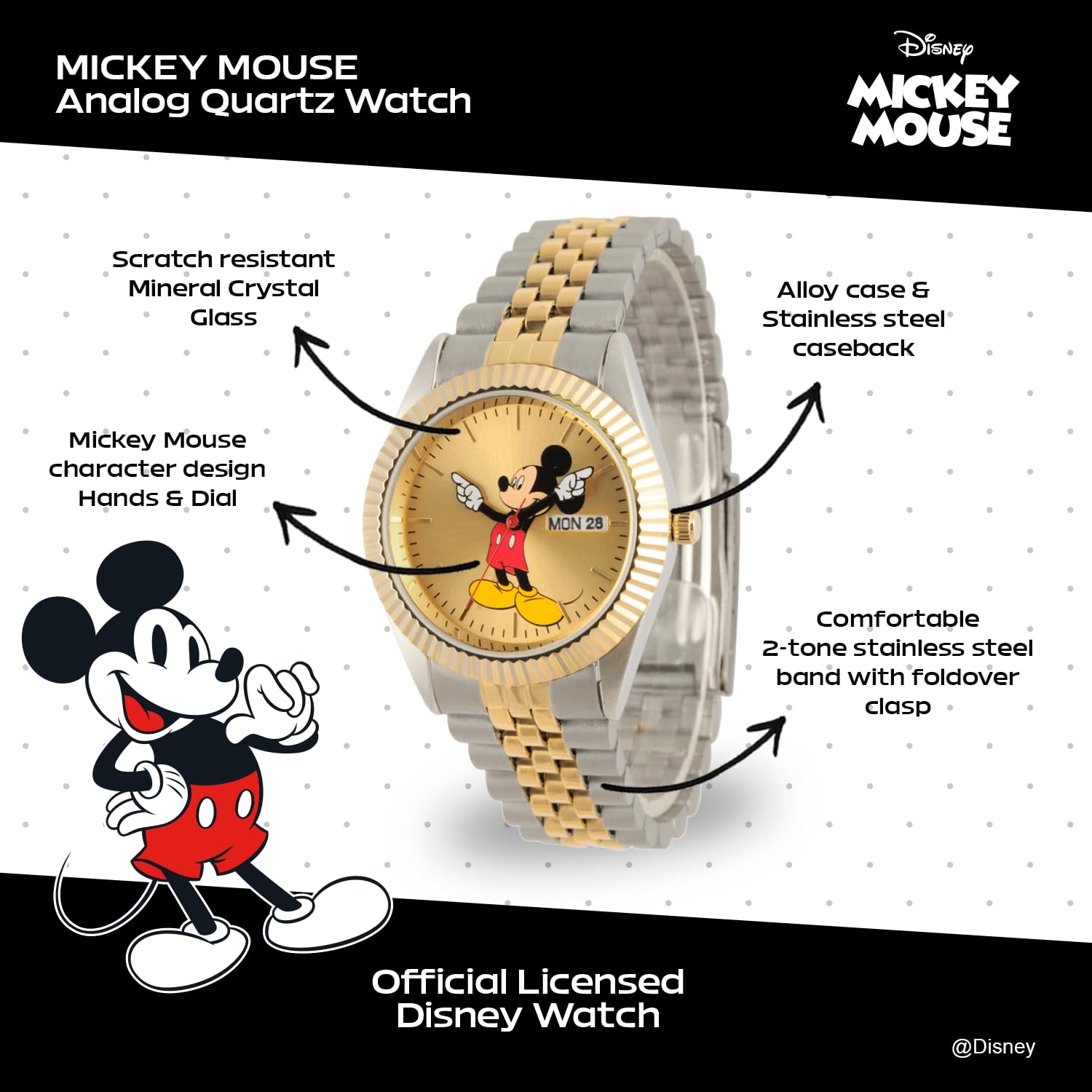 Disney Reloj analógico de Cuarzo japonés para Hombre con Correa de Acero Inoxidable NEWDS000102, Dos Tonos