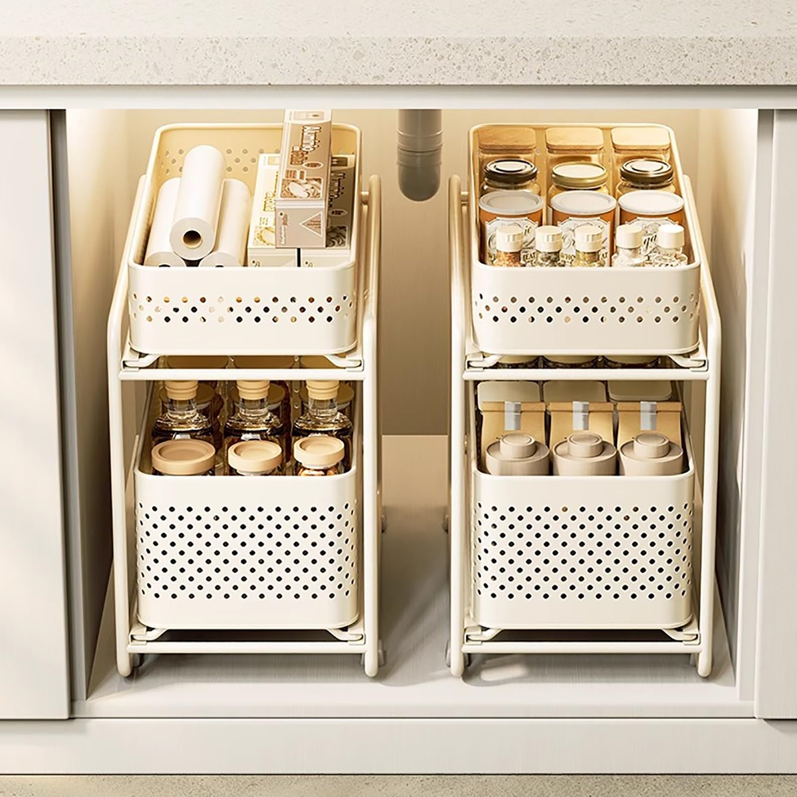 Mensola Portaoggetti Scorrevole a 2 Livelli per Cucina, Organizer Sottolavello, Cesto in Rete con Maniglia per Bagno(Small)