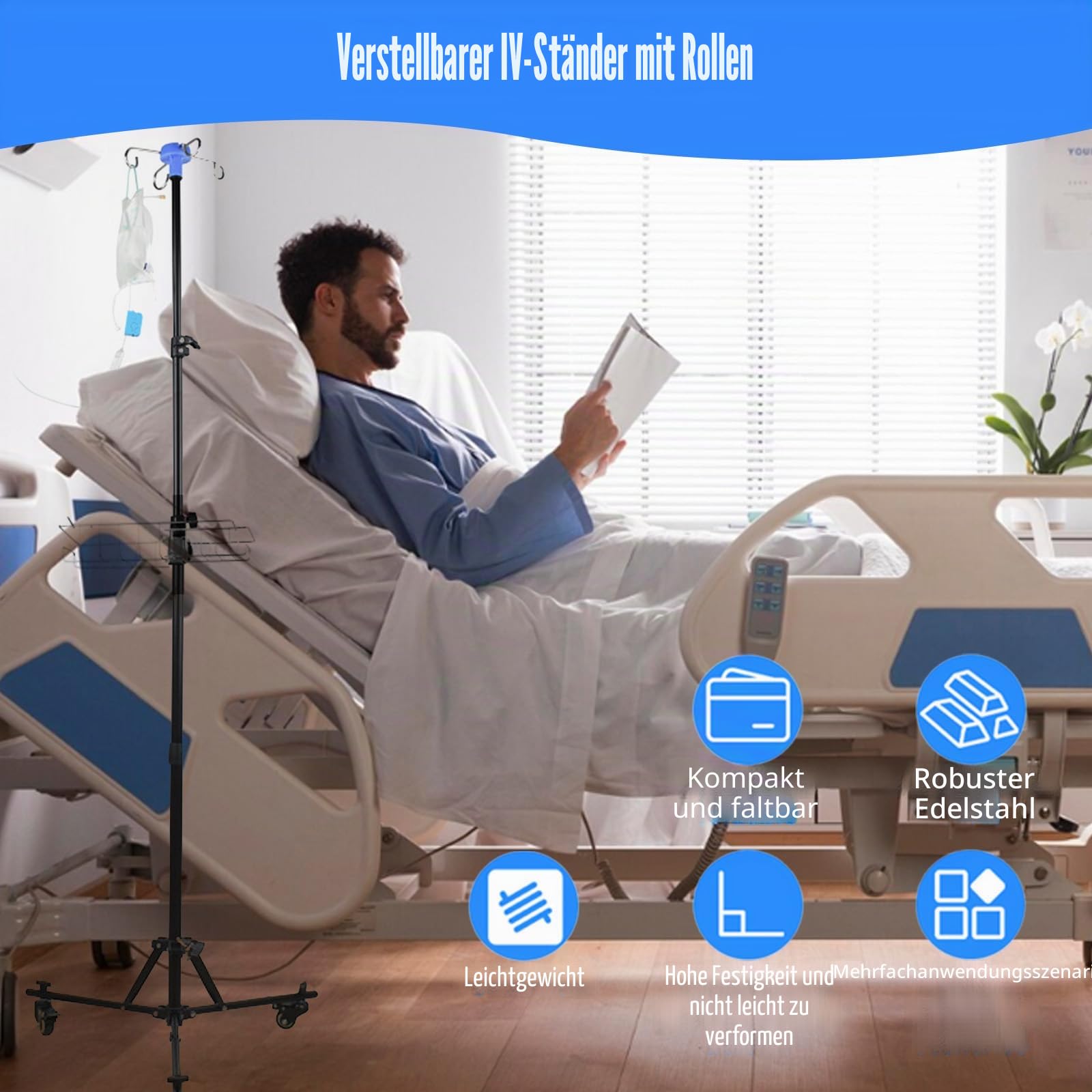 Tragbarer Infusionsständer, Verstellbarer Infusionsständer mit Rollen, Infusionsständer Klein Klappbar mit 4 Haken 3 Netztaschen Ablagekorb und Alarm