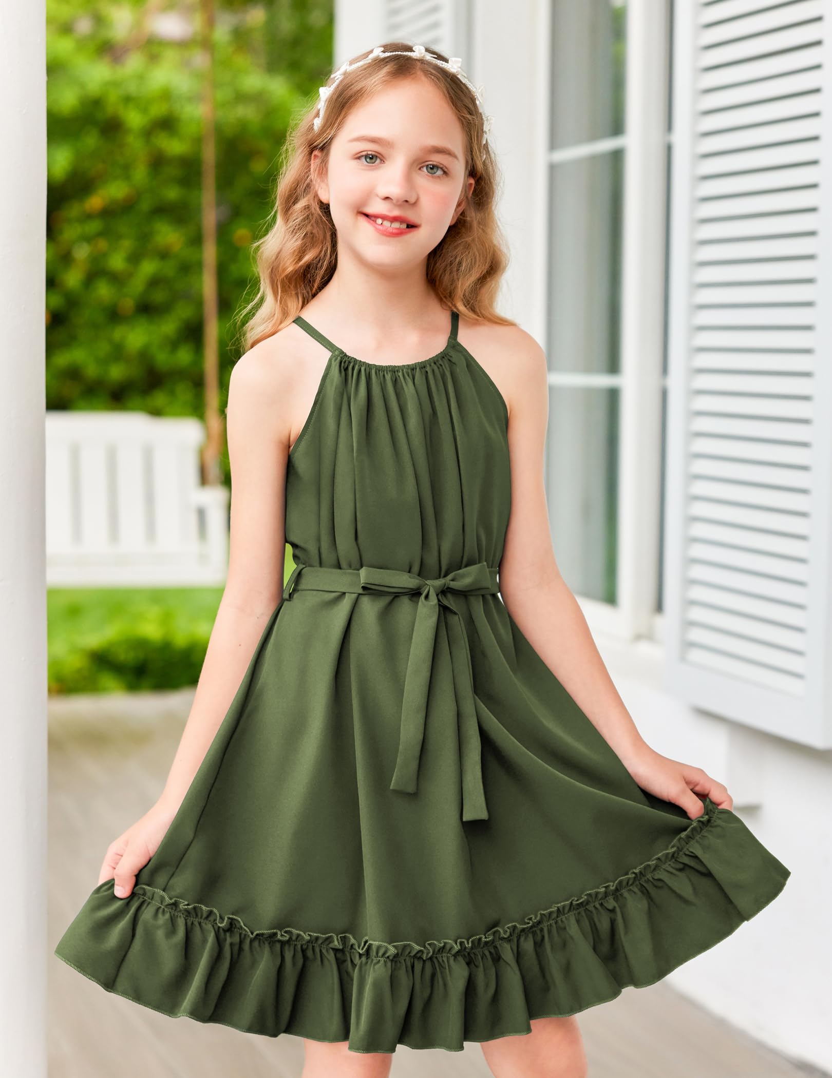 Arshiner Vestido para Niña Verano Midi Volantes Corte A Cuello Halter Fiesta con Cinturón 6-14 Años