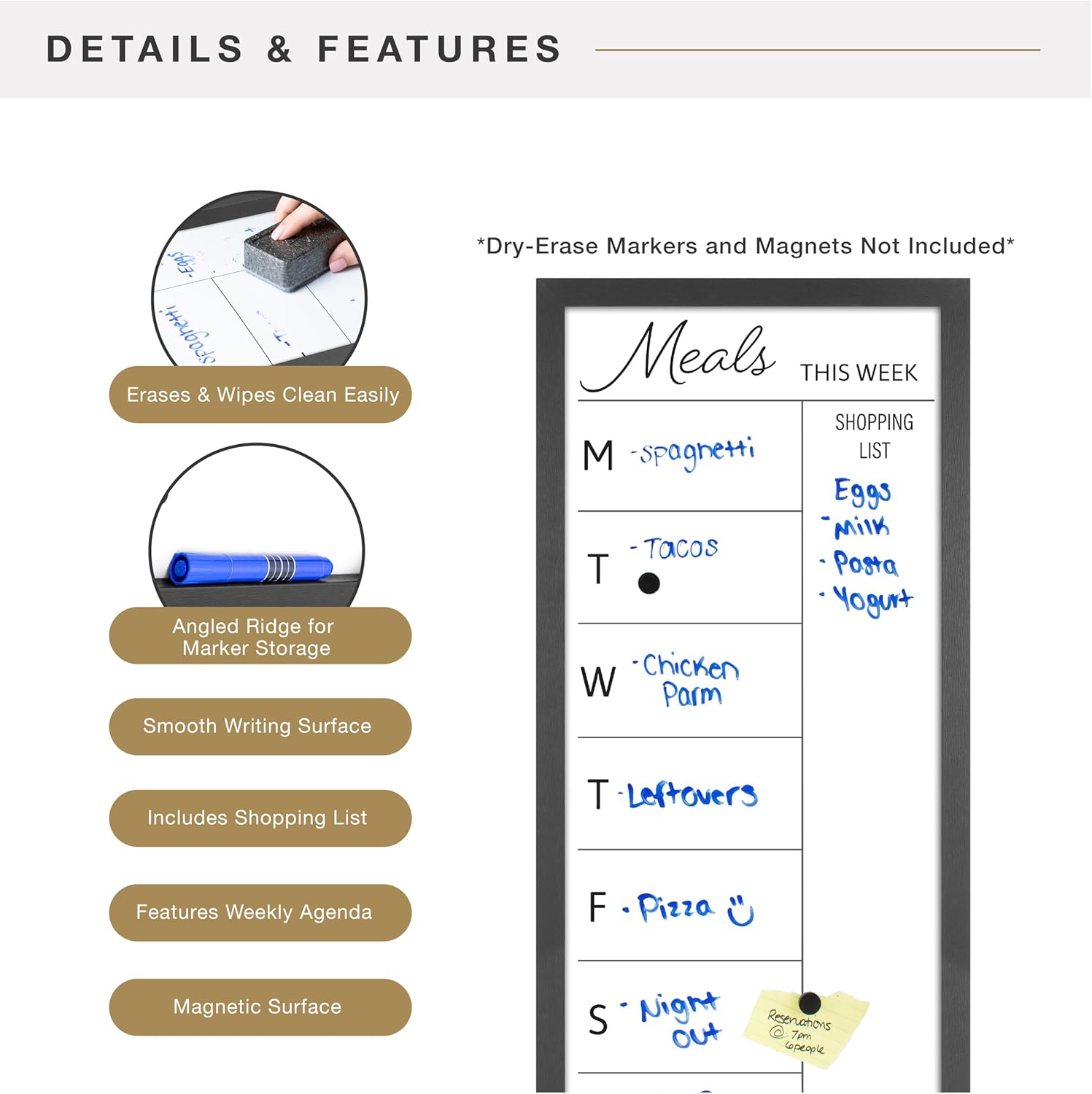 MCS Dry Erase Weekly Meal Planner 14x30 Black Framed Calander Whiteboard for The Wall, Plan Your Meals for The Week, Family Weekly Planner for Dinners & More–Including Shopping List
