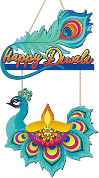 HOURIA Happy Diwali Wooden Sign11.6x19.7,Indian Festival of Lights Wall Decor with Rangoli Diyas,Indian Deepawali Peacock Door Hanger for Front Door Porch Party Home Office