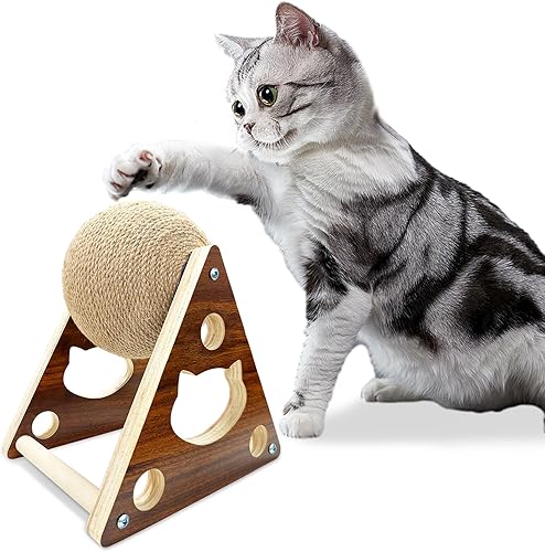 Miniatura 7 de Rascador para gatos, cuerda de sisal natural con bola para gatos y gatitos, juguete interactivo de madera maciza para mascotas (mediano)