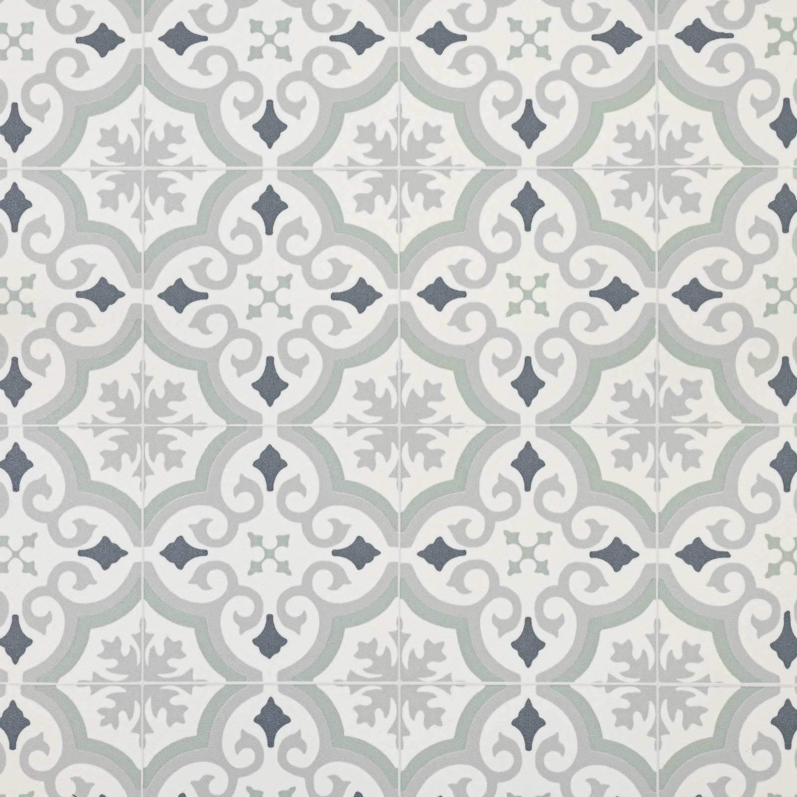 Sage Grey Victorian Tile Effect Eclipse Vinyl Flooring 2mm Thick Lino Roll Bathroom Kitchen (4m Wide x 3.5m Long)
