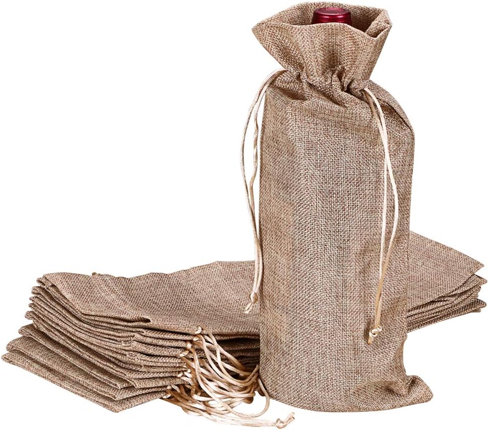 Hipiwe 12 Pcs Wine Bags, Champagne Bottle Bags Covers Natural Jute Wine Bottles Gift Bags Sacks with Drawstring for Wedding Party Favors Christmas Wine Tasting Party Supplies